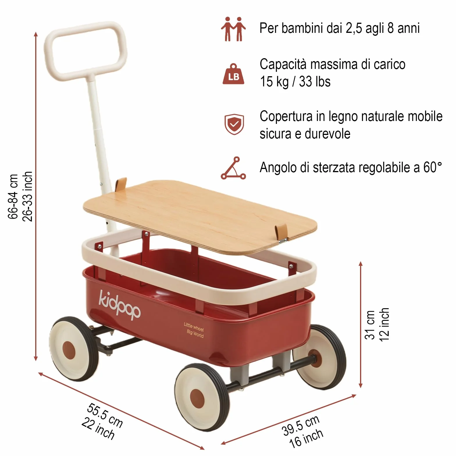 Kidpop PULA-Wild 3 in 1- Carrello a mano per bambini, 2,5-8 anni, copertura in legno rimovibile e manubrio regolabile, regalo di compleanno, peso massimo 16 kg, rosso