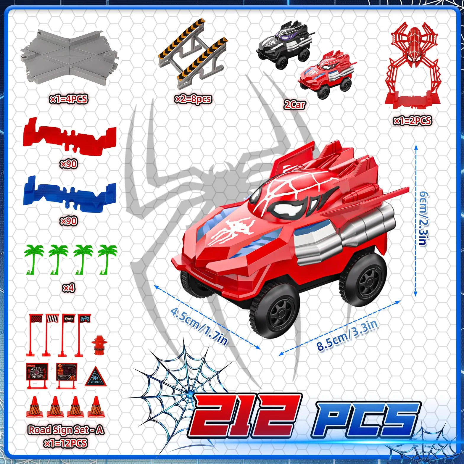 Kssvzz Spider Pista Macchinine 2 3 4 5 6 Anni Bambino, Flessibile Giocattolo Pista Auto Elettriche, Regalo Compleanno Natale Giochi per Bambini 2-8 Anni (212 Pezzi)