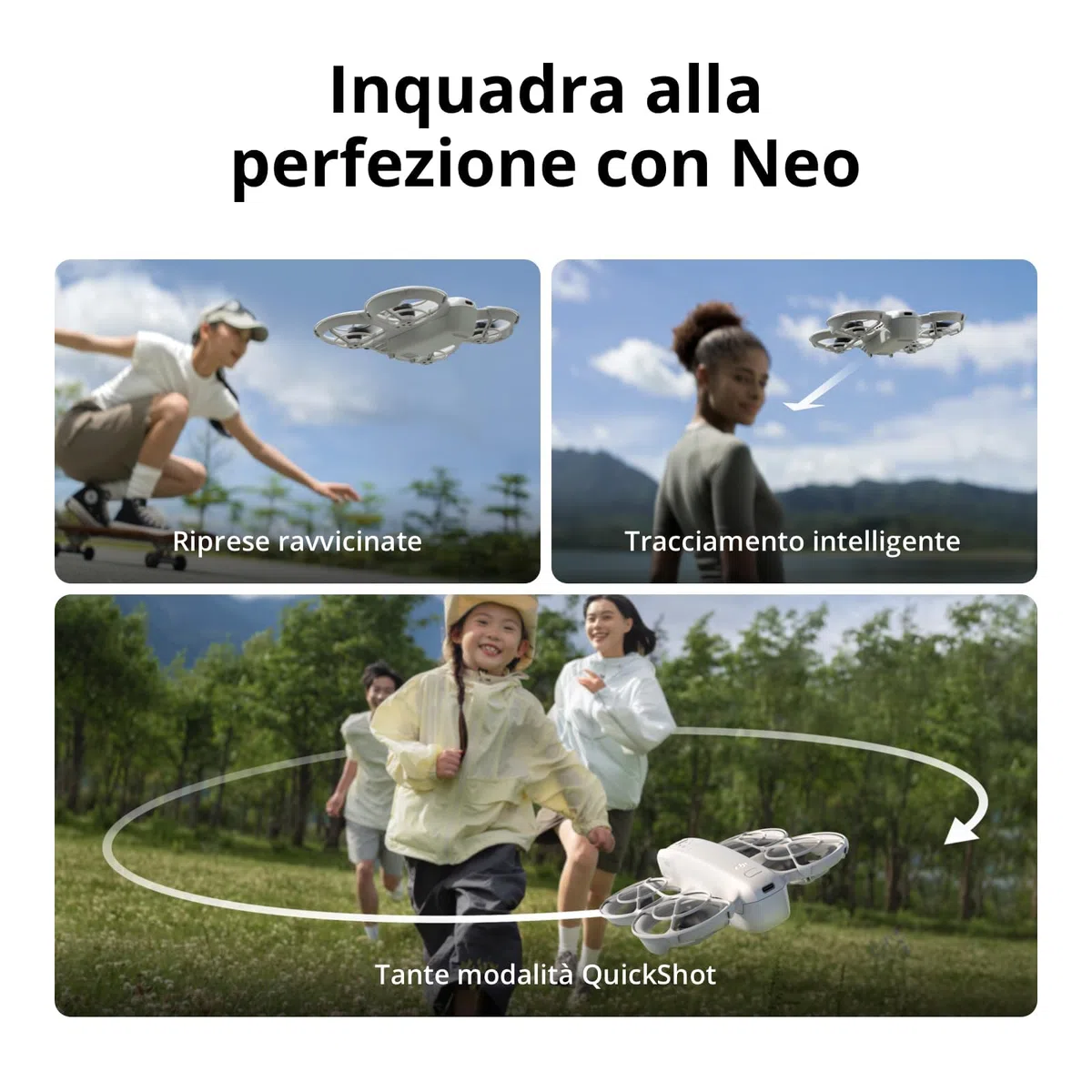DJI Neo Combo Fly More, mini drone con fotocamera UHD 4K per adulti, 135g drone che vola da solo e ti segue, decollo dalla mano, tracciamento del soggetto, QuickShot, con RC-N3 e 3 batterie