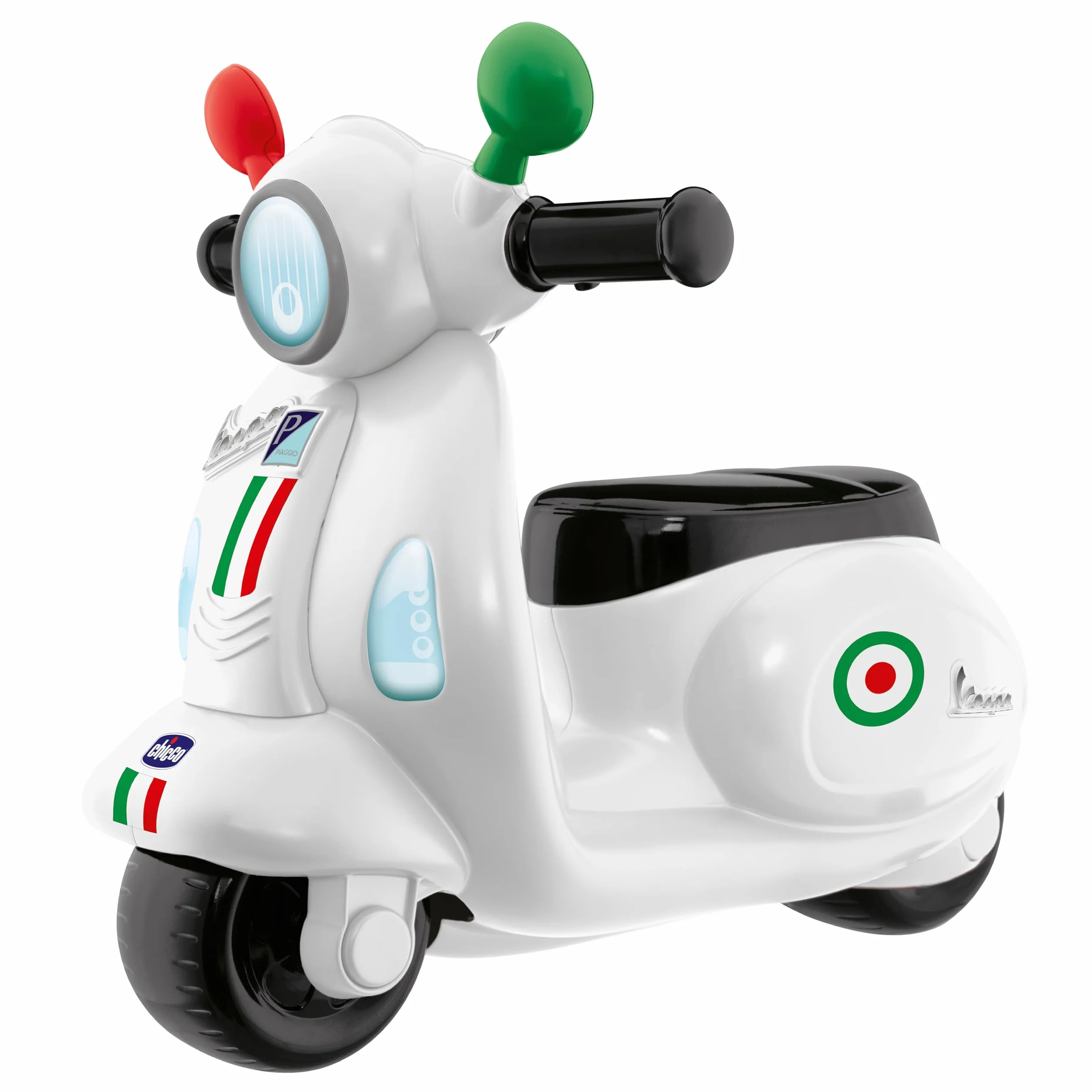 Chicco Vespa per Bambini Primavera Bianca, Moto Giocattolo Cavalcabile con Pannello Elettronico, Luci e Suoni, Ruote di Supporto Rimuovibili, Max 25 Kg, Giochi per Bambini 1-3 Anni