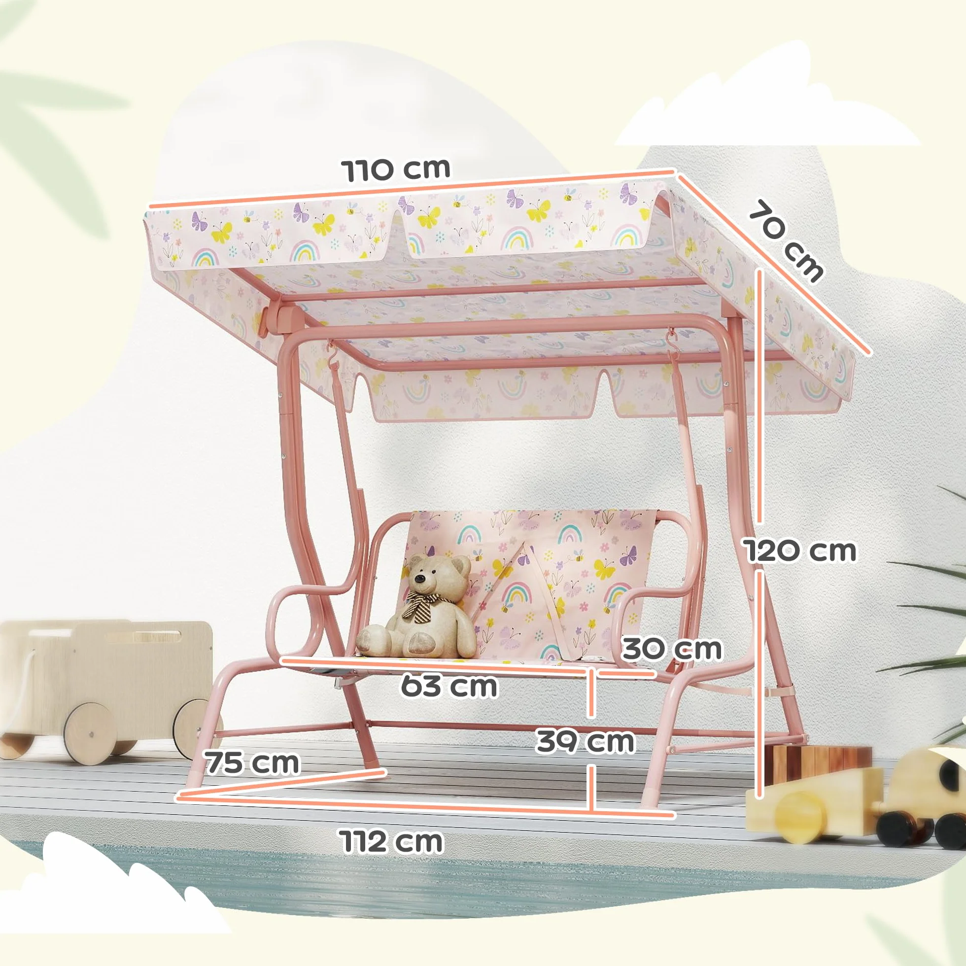 AIYAPLAY Dondolo per Bambini da Esterno a 2 Posti con Tettuccio Regolabile e Cinture di Sicurezza, Altalena Dondolo da Giardino e Interno in Acciaio e Oxford, Max 60 kg, 112x75x120 cm, Rosa