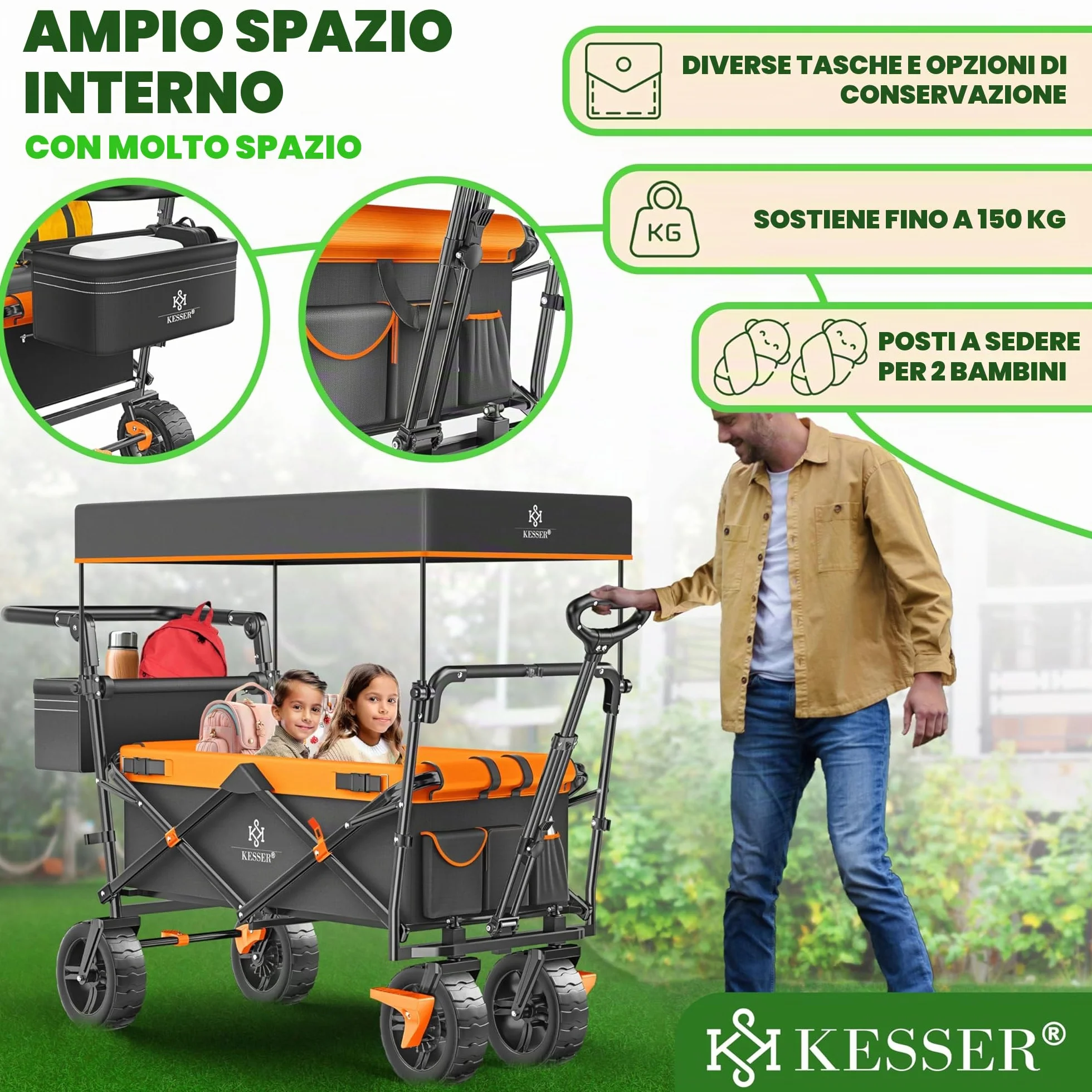 KESSER® Carrello pieghevole GT9000 con tetto | Carrello di trasporto max. portata 150 kg con ruote in gomma dura e freni anteriore/posteriore | Include serratura, copertura