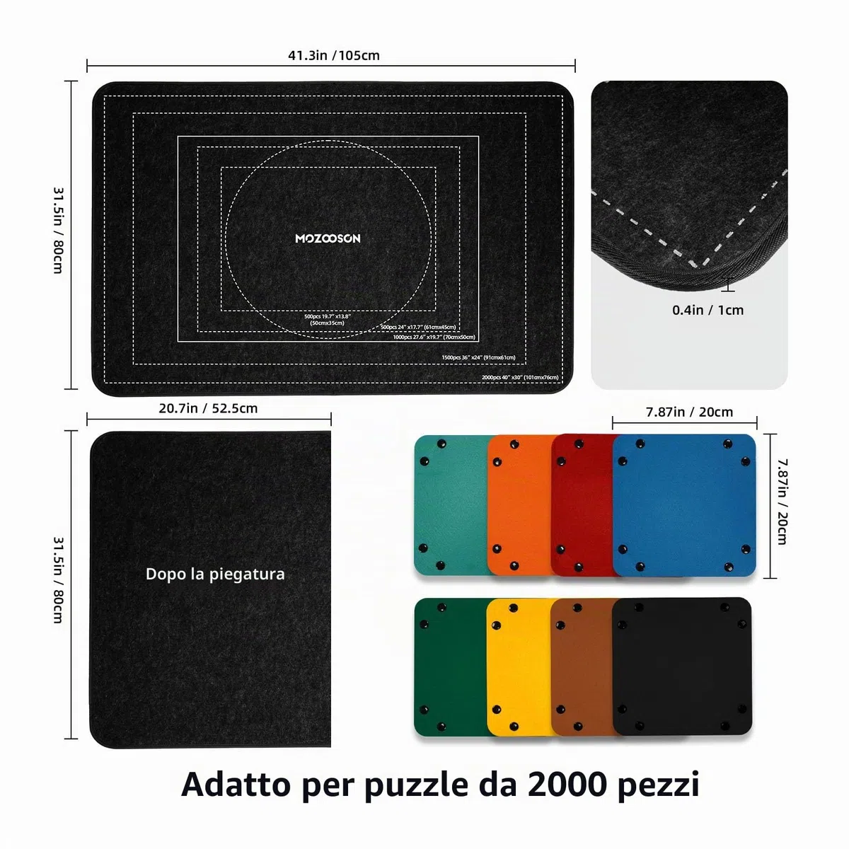 MOZOOSON Tappetino Puzzle Pieghevole 2000 Pezzi - Contenitore 41,3 x 31,5 cm con Copertura - 8 Vassoi di Sorting e Copertina per Spostamento e Memorizzazione
