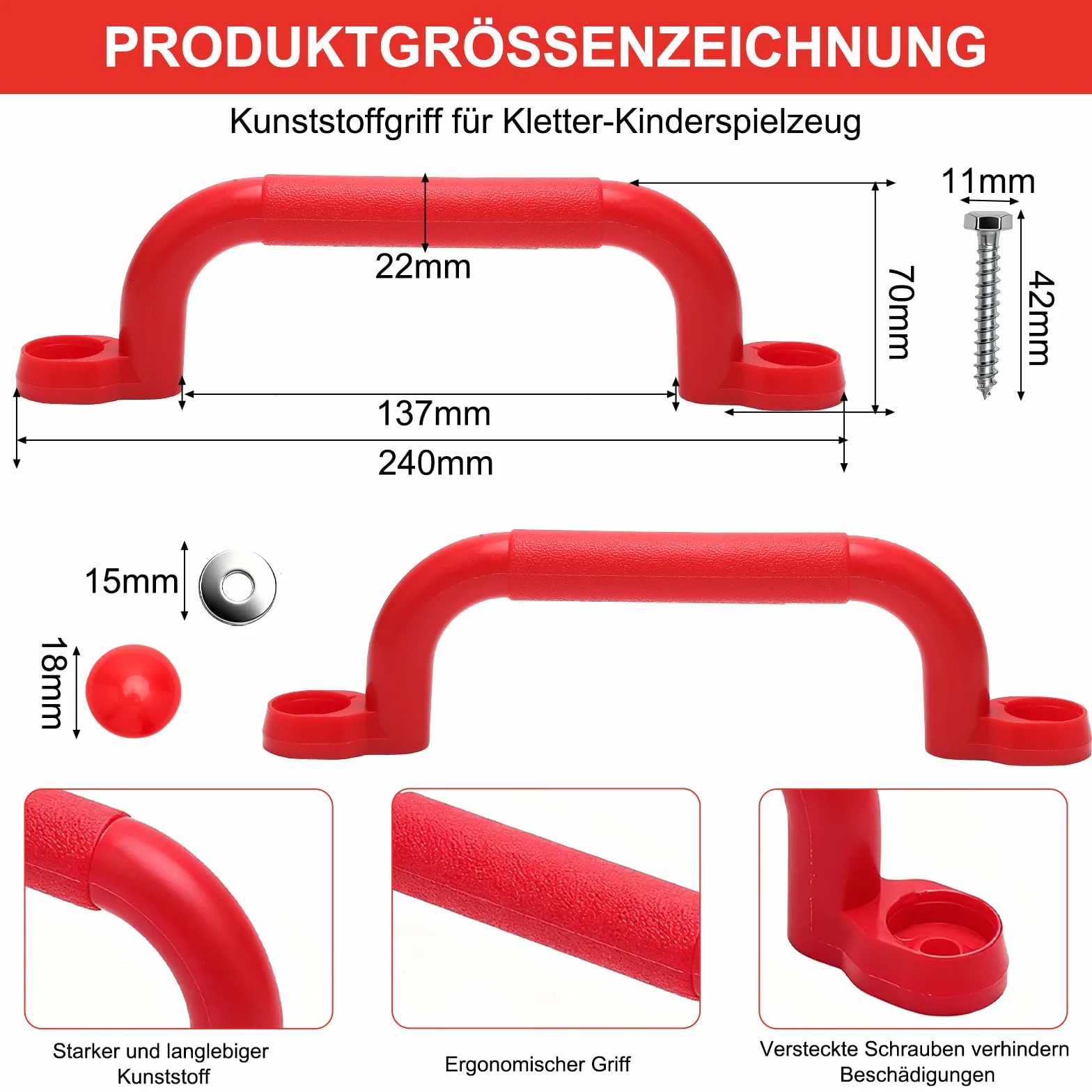 VOSSOT 2 Maniglie per Torre Giochi, Maniglie di Sicurezza in Plastica, Robuste per Bambini da Interno Ed Esterno per Casette da Gioco, Alberi, Strutture per Arrampicata (Rosso)