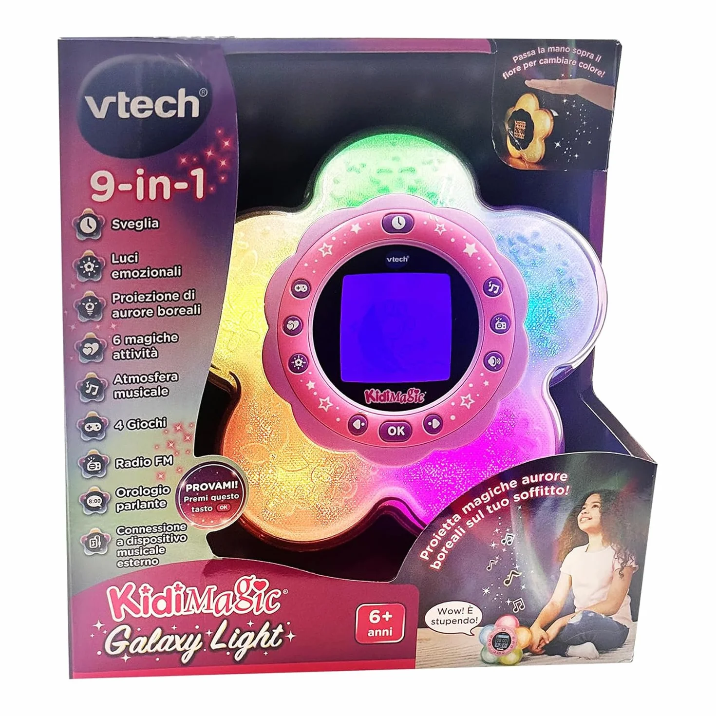 VTech KidiMagic Galaxy Light, Radiosveglia 9 in 1, Proiettore Bambini Aurora Boreale, Fiore Luminoso con Sensore di Movimento, Radio FM e MP3, Lingua Italiana, Batterie Incluse, 6+ Anni
