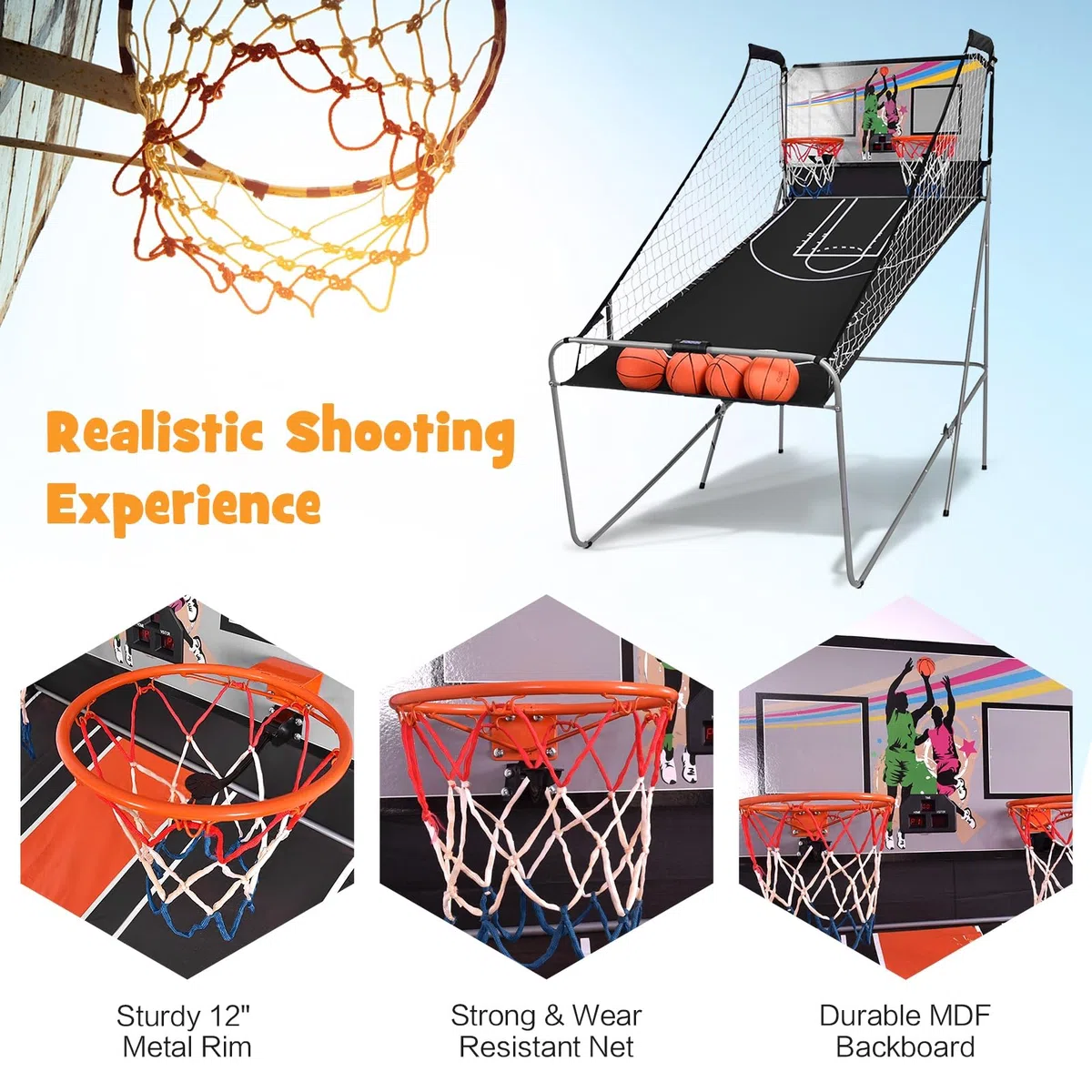LIFEZEAL Gioco Arcade di Pallacanestro pieghevole, doppio cestino da Basket con 8 modalità di gioco e contatore per 2 persone, rete di sicurezza, telaio in metallo, 4 palloncini, 1 pompa (B)