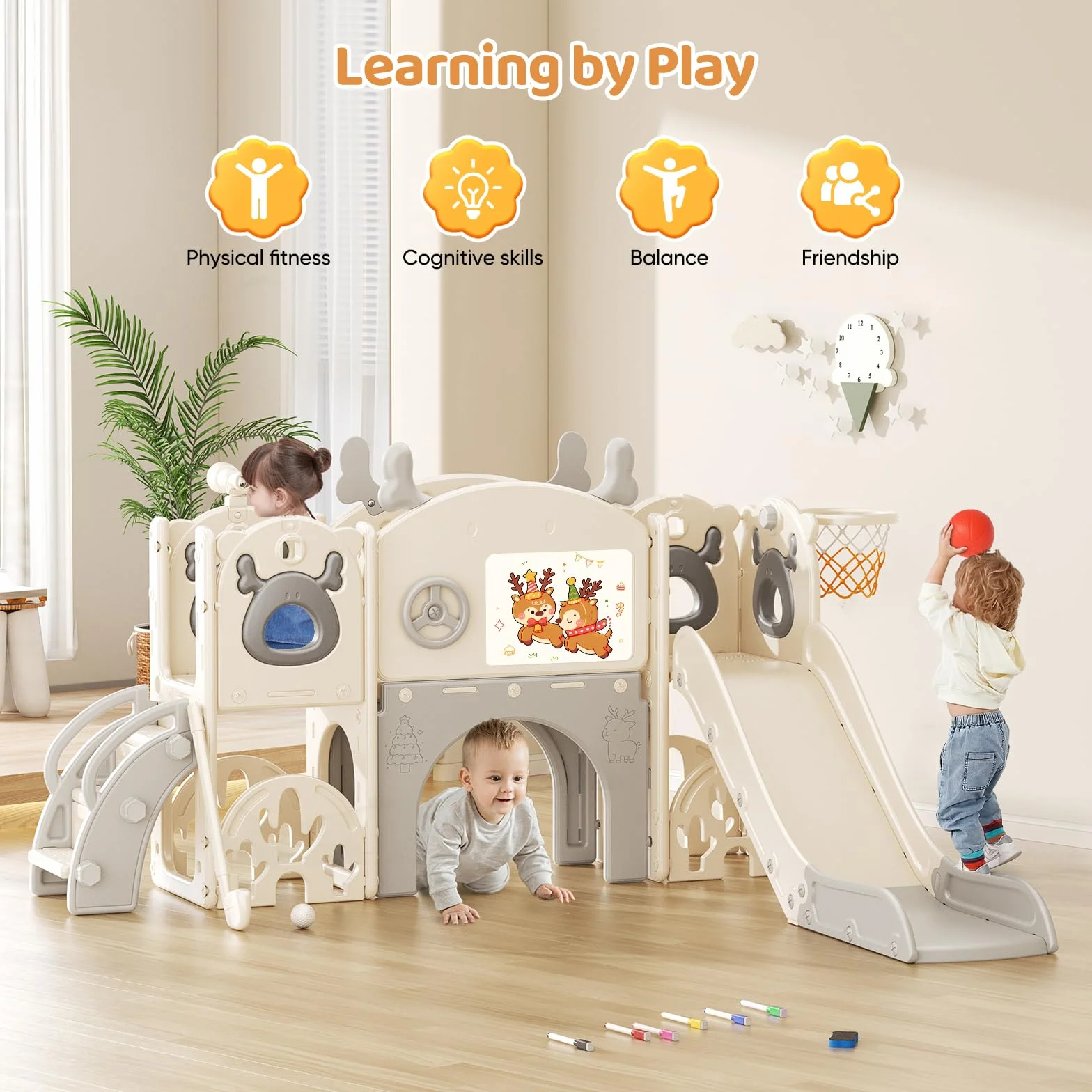 Scivolo per bambini con cerchio da pallacanestro, scivolo a tema Alce, parco giochi al coperto e all'aperto, kit da gioco per arrampicata indipendente con scivolo per bambini (beige grigio-7 in 1)