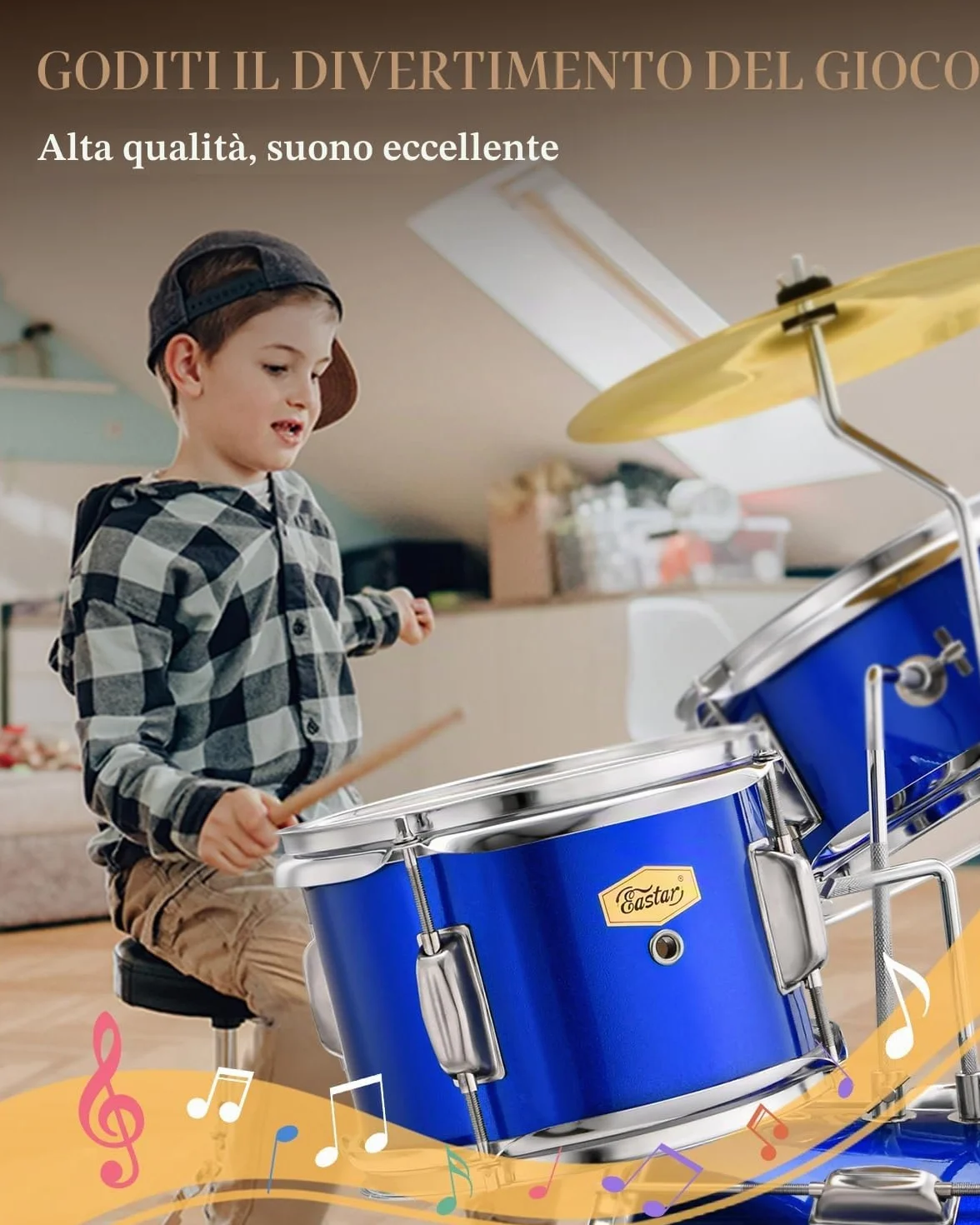 Eastar Batteria per Bambini per età 3-10 Anni, Junior Drum Set con Rullante, Tom, Grancassa, Pedale Grancassa (Specchio Blu)