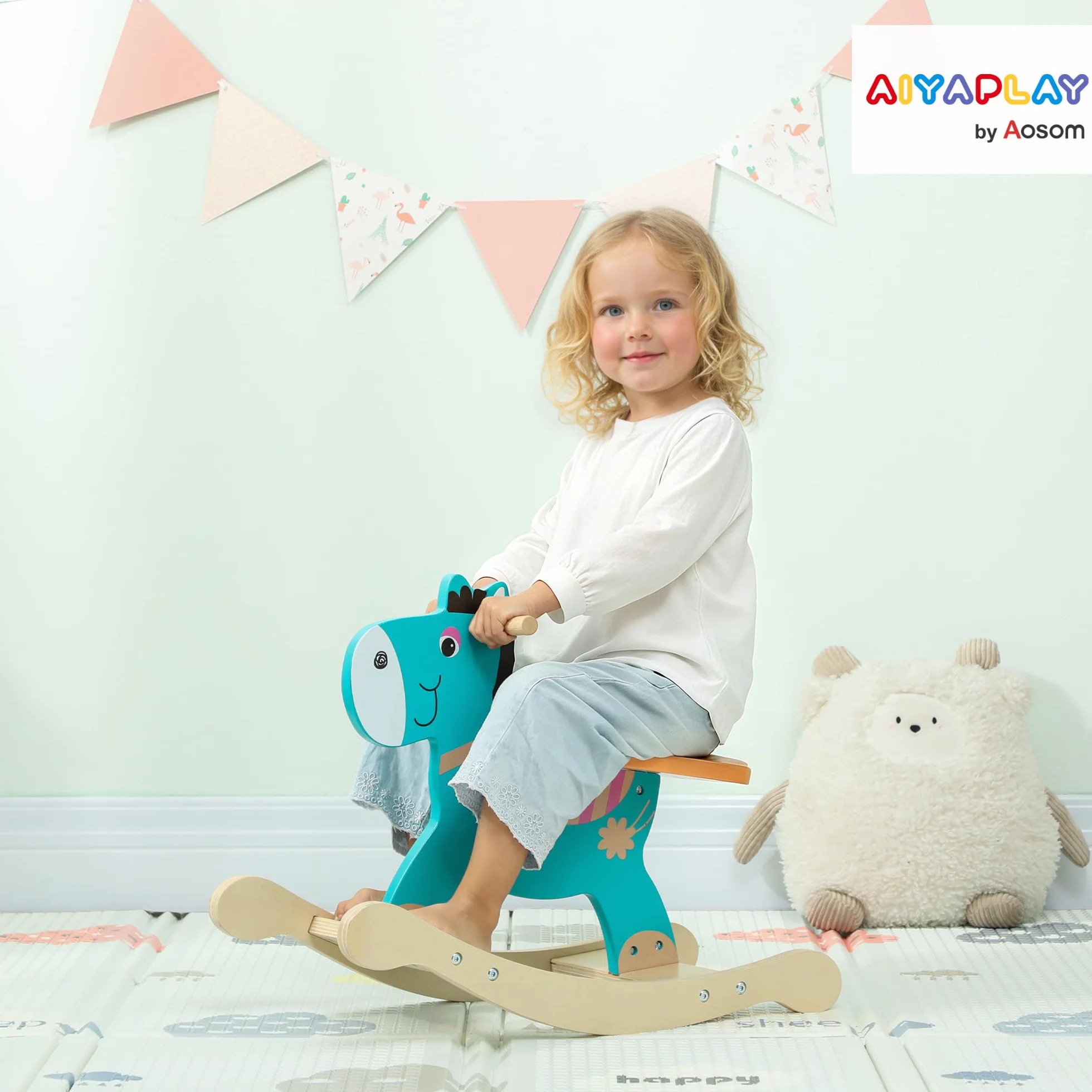 AIYAPLAY Cavallo a Dondolo a Forma di Asino per Bambini 2-5 Anni con Base Larga, Cavallino a Dondolo in Legno compensato, 59x27x43 cm, Verde Scuro e Arancione