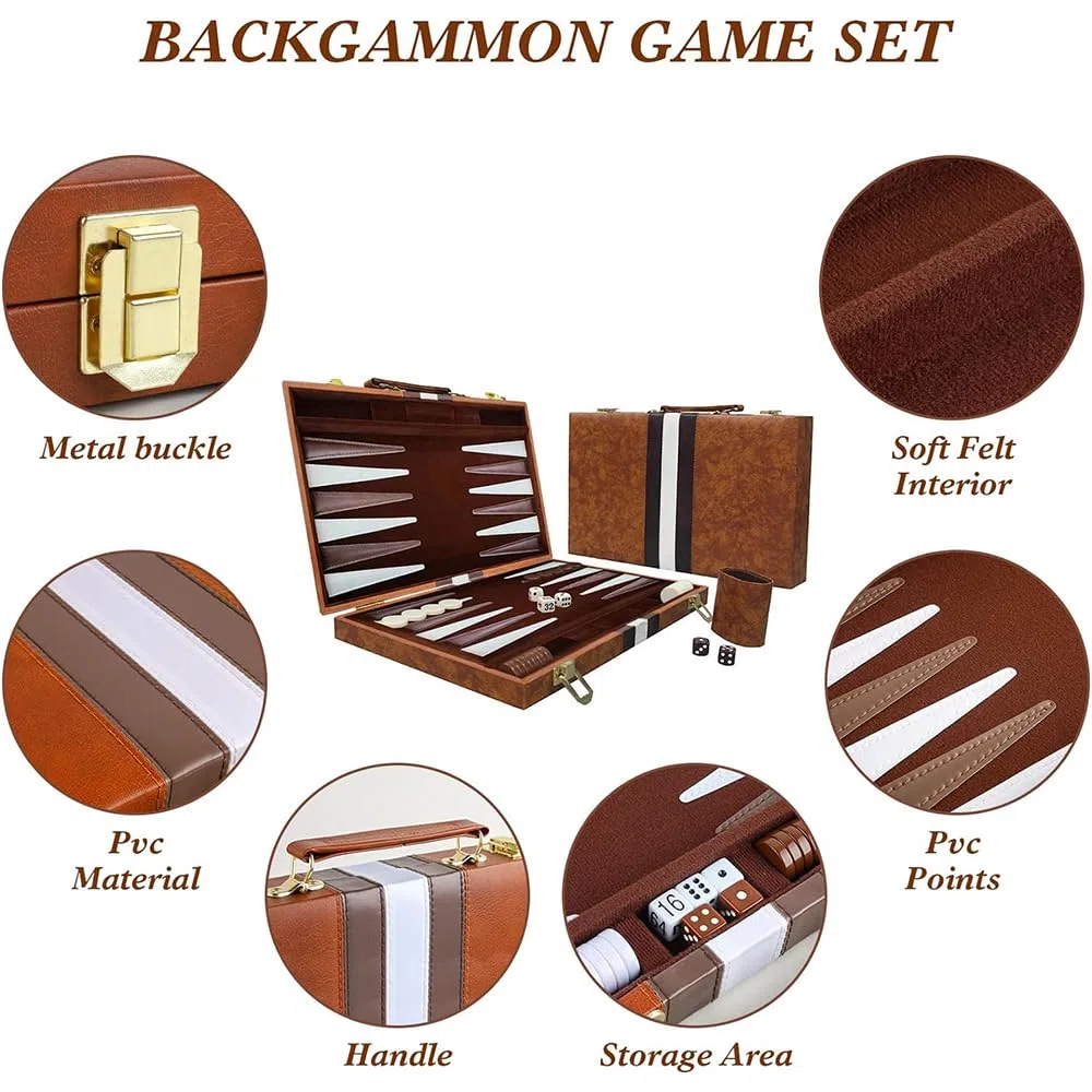 Backgammon Legno Set - Gioco da Tavolo Con Custodia in Pelle, Coppa per Dadi, Portatile e da Viaggio, 15 Pollici