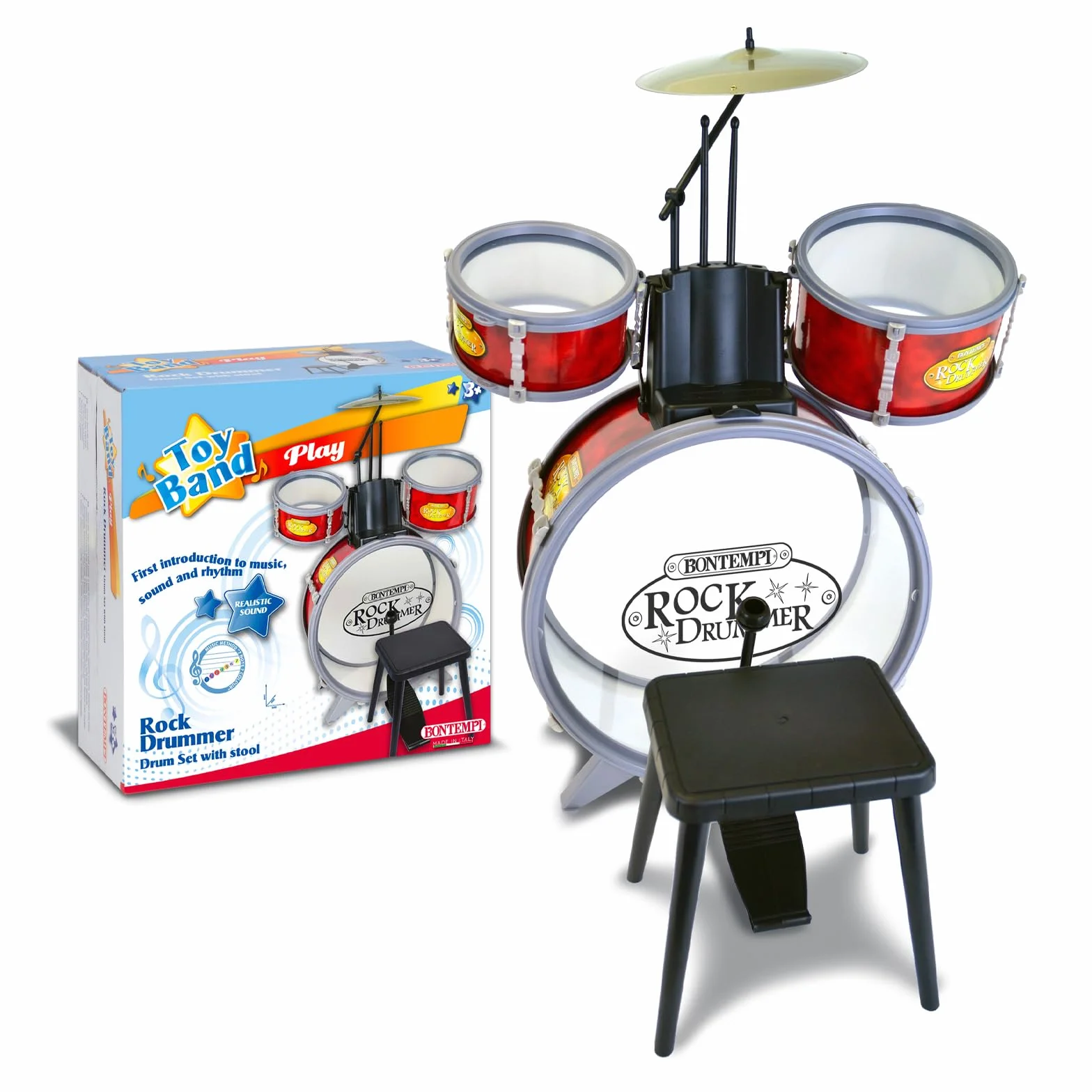 Bontempi | BeatMaster: Batteria per Piccoli con Suoni Realistici e Tanto Divertimento, Rosso e Trasparente, 500x500x680 mm