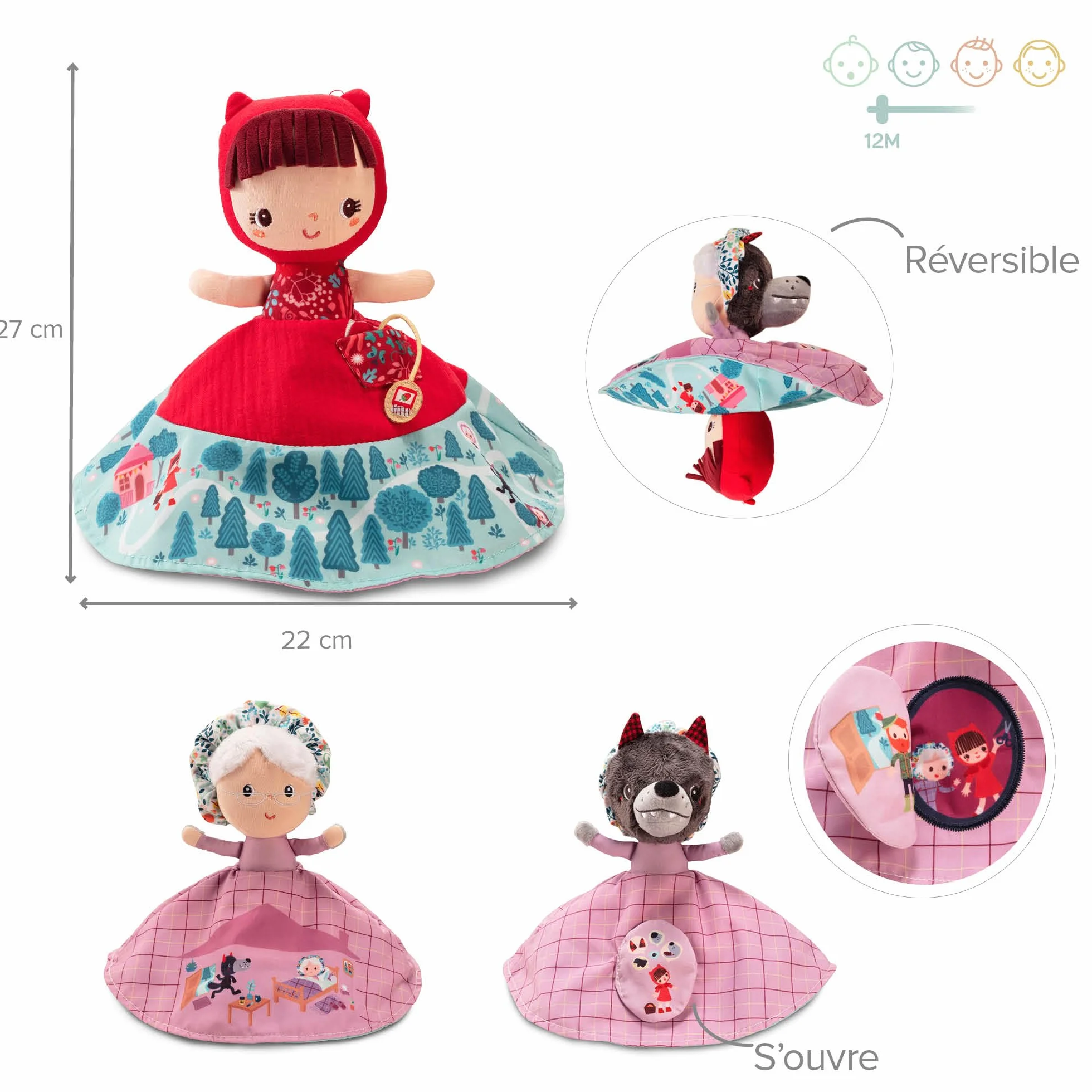 LILLIPUTIENS - Marionetta reversibile Cappuccetto Rosso - 3 personaggi in 1 - Racconto interattivo dai 12 mesi - Stimola l’immaginazione, la motricità e la vista - Racconta la storia con la marionetta
