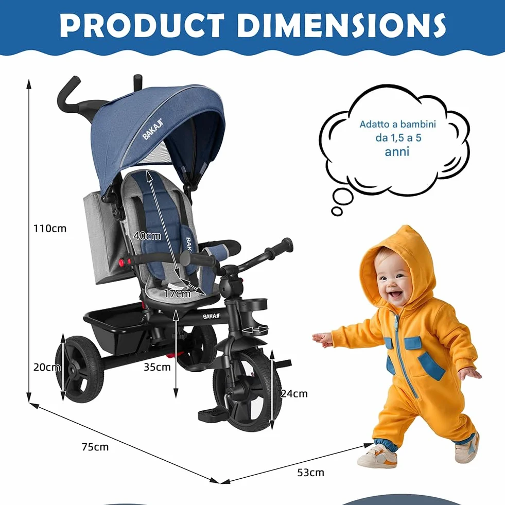 BAKAJI Triciclo Passeggino 4 in 1 per Bambini, Pedali o Manico Antiscivolo Ergonomico per Spinta, Sediolino Imbottito, Cinture di Sicurezza, Asta Direzionabile, Tettuccio Cappottino Parasole (Blu)