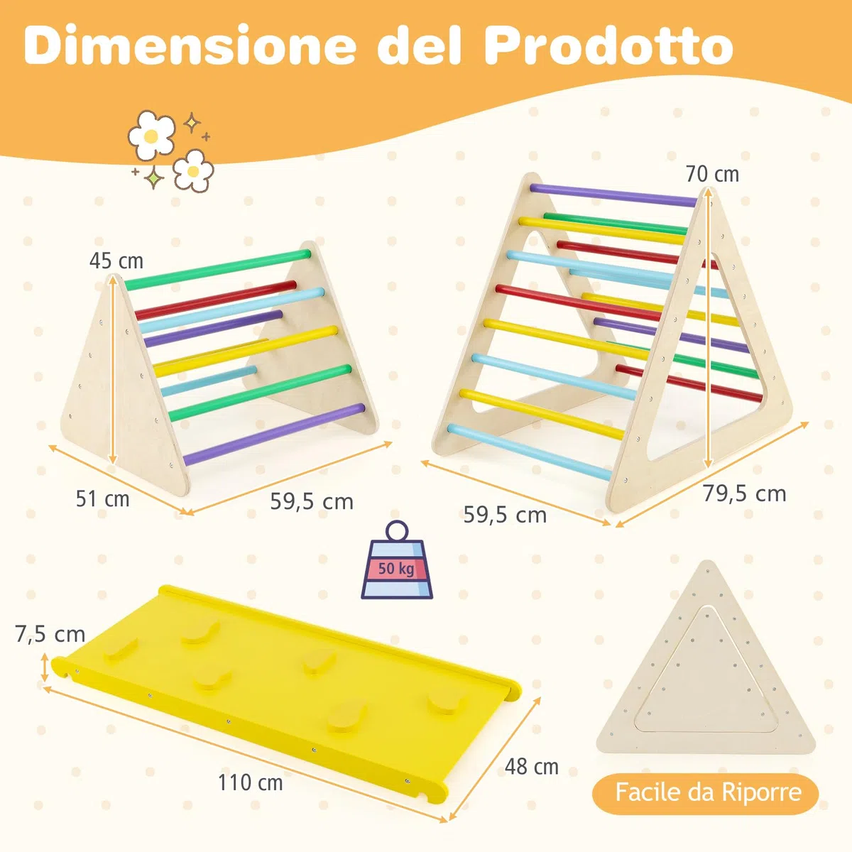 RELAX4LIFE Triangolo da Arrampicata in Legno con Scivolo, 2 Scale e 1 Rampa, Giochi Montessori per Bambini 1+