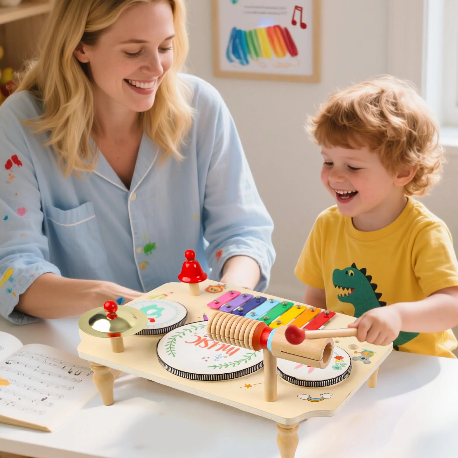 LZDMY Giochi Montessori per Bambini 1-3 Anni, Batteria Musicale per Bambini 1-5 Anni, 11 in 1 Tamburo Bambino Xilofono, Giocattoli Musicali in Legno, Regalo per Bambina per Compleanno, Natale, Pasqua