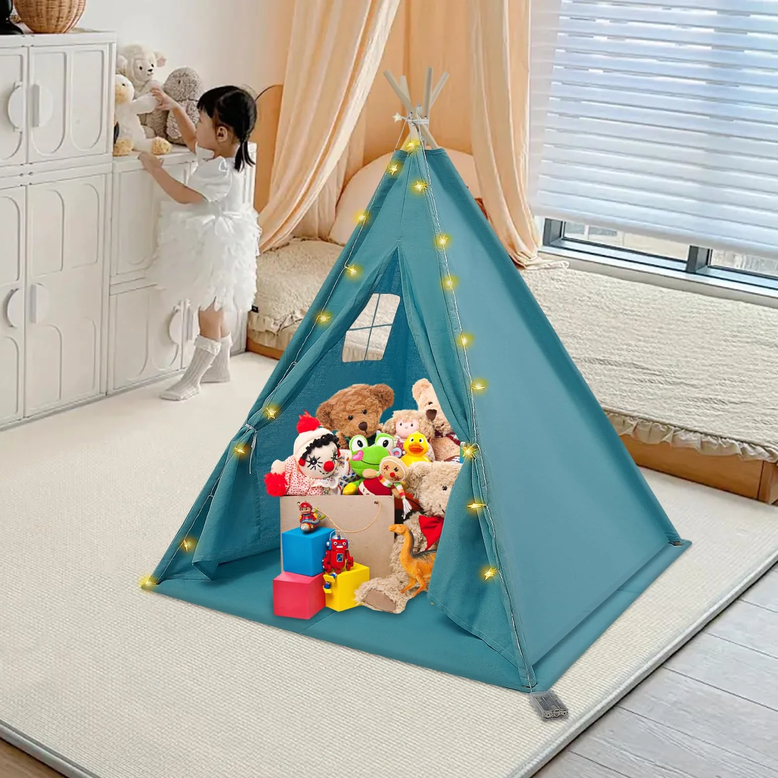 Tipi Tenda per Bambini con Tappetino e Catena Luminosa, Pieghevole in Cotone, Casetta Giocattolo 120 x 120 x 140 cm Blu