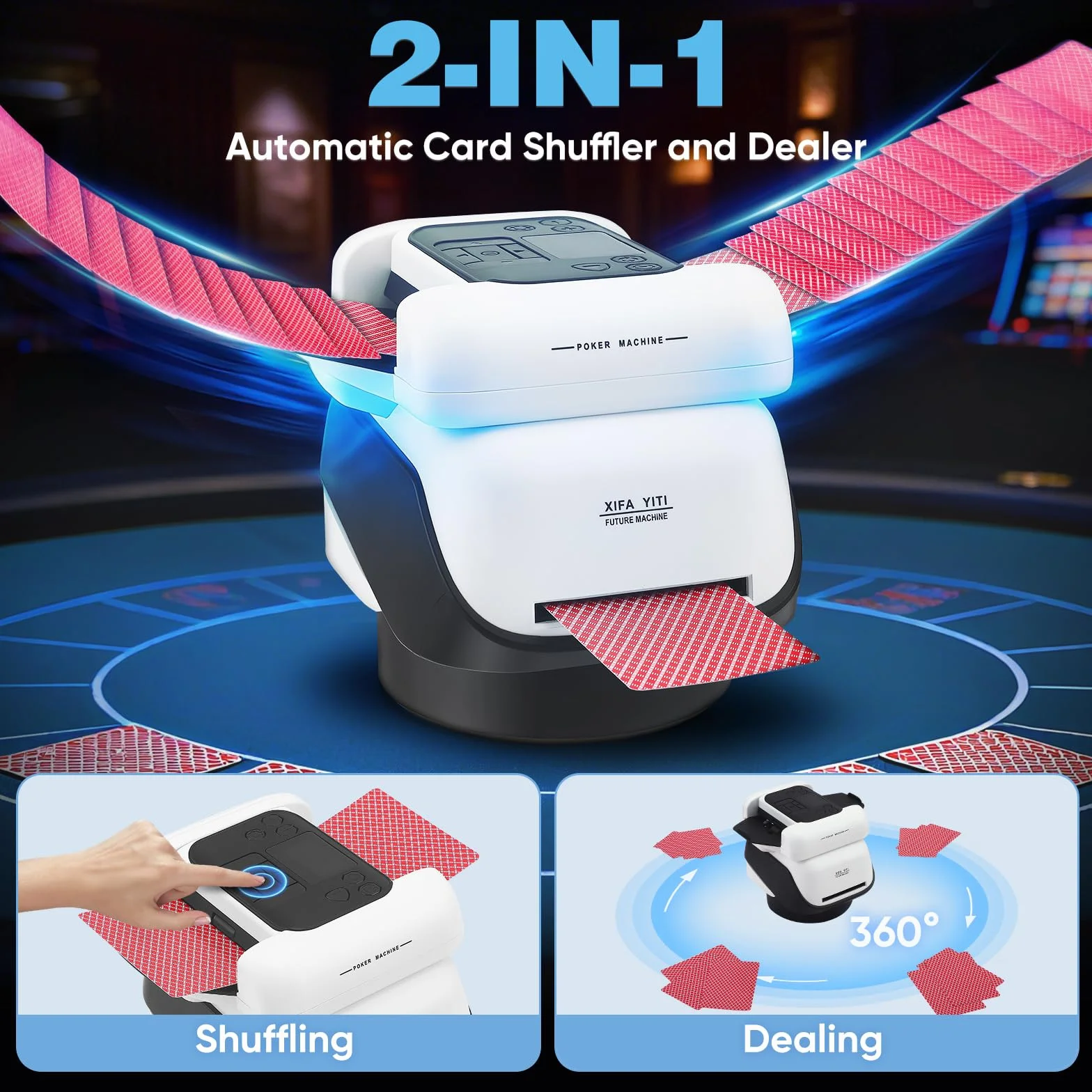 Mescolatore e distributore automatico di carte all-in-one, 5 modalità intelligenti, lanciatore di dadi integrato, ricaricabile, compatibile con carte da poker, blackjack e uno per 2-8 giocatori(2IN1)