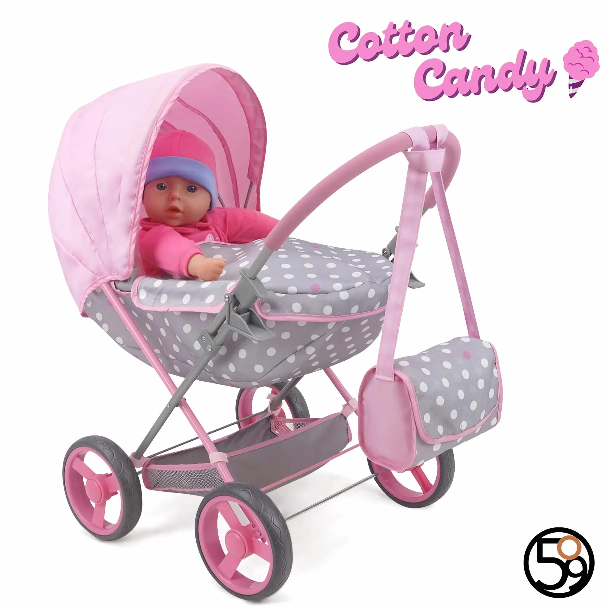 509 Crew Doll Pram n Feed 8 Piece Combo Play Set, Classic Doll Pram, Doll High Chair, Diaper Bag, 5 Piece Feeding Toys, for Dolls 46cm, Pretend Play for Kids Ages 3+