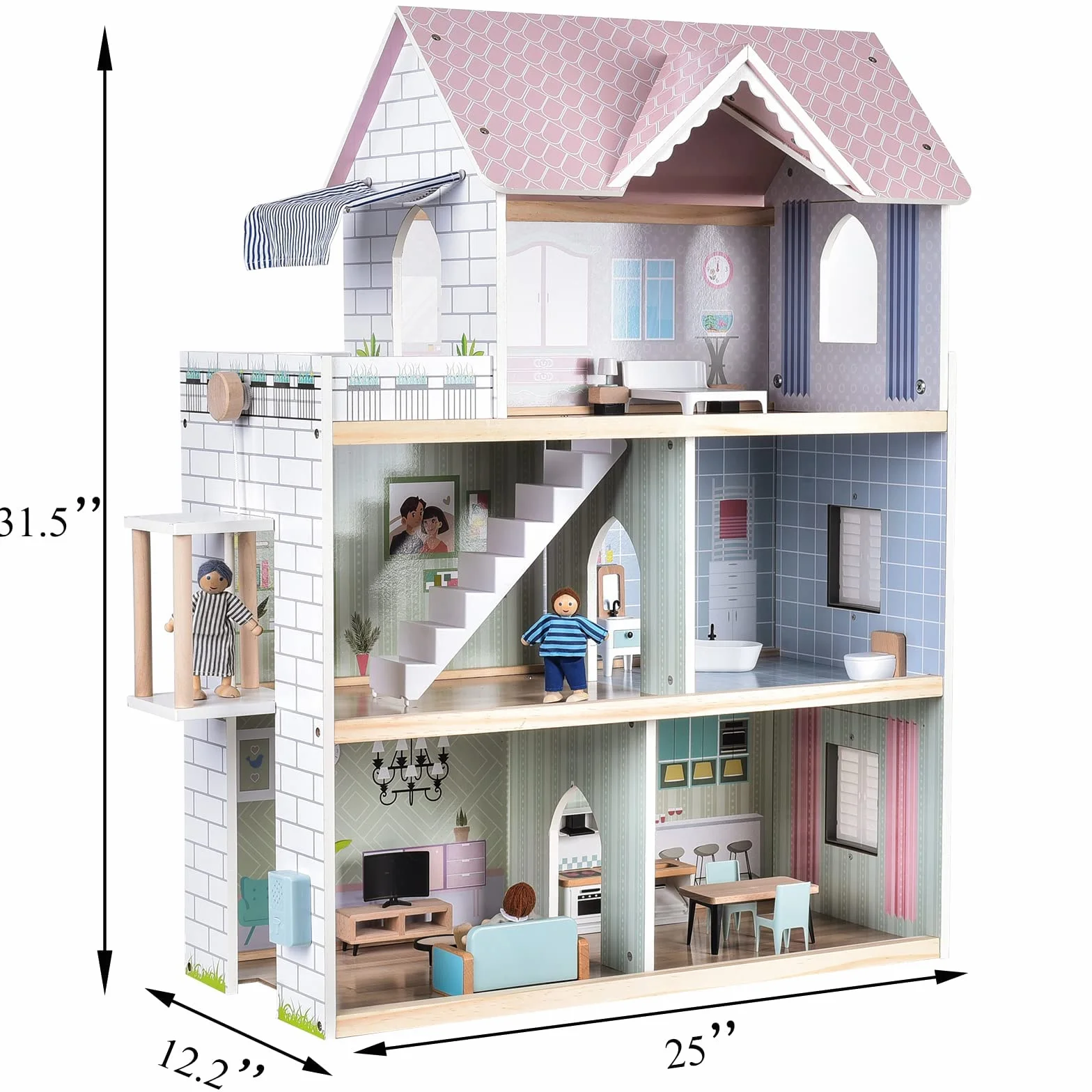 Giant Bean Casa Bambole Legno, 80 cm Casa Delle Bambole in Legno di Altezza Con Ascensore, Campanello, Luce, 15 Mobili e 3 bambole, Regalo Giocattolo per Ragazze dai 3 ai 7 Anni +