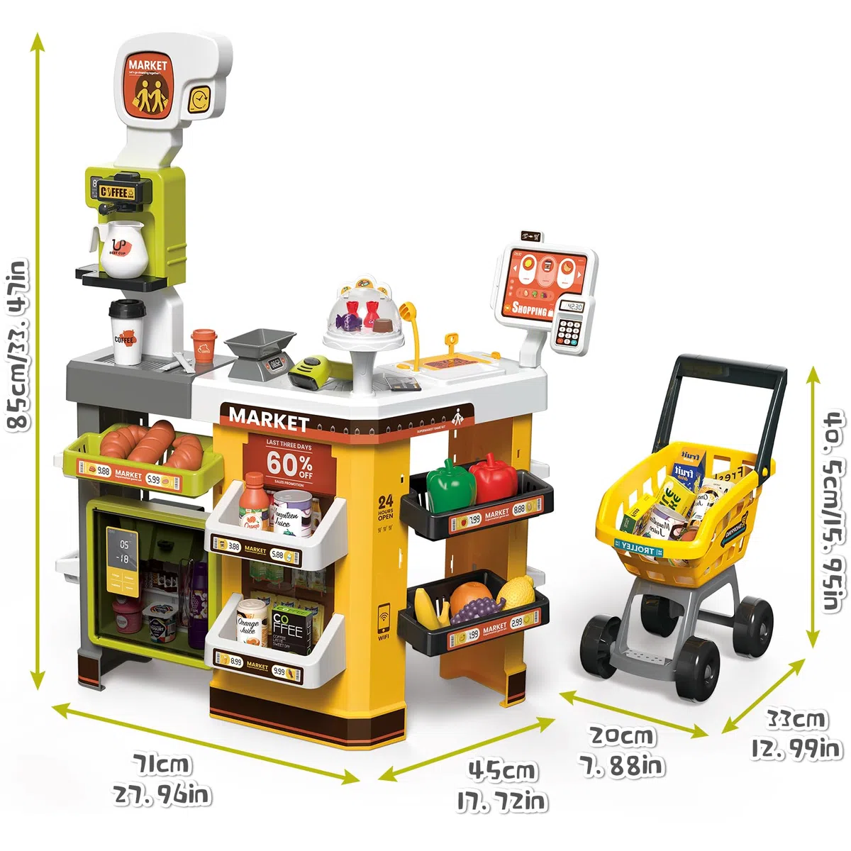 deAO Supermercato Con Carrello Della Spesa, Registratore Di Cassa, 65pcs Accessori Per Negozi, Registratore Di Cassa Con Scanner E Suono, Negozio Giocattolo Per Bambini Da 3 Anni, Compleanno