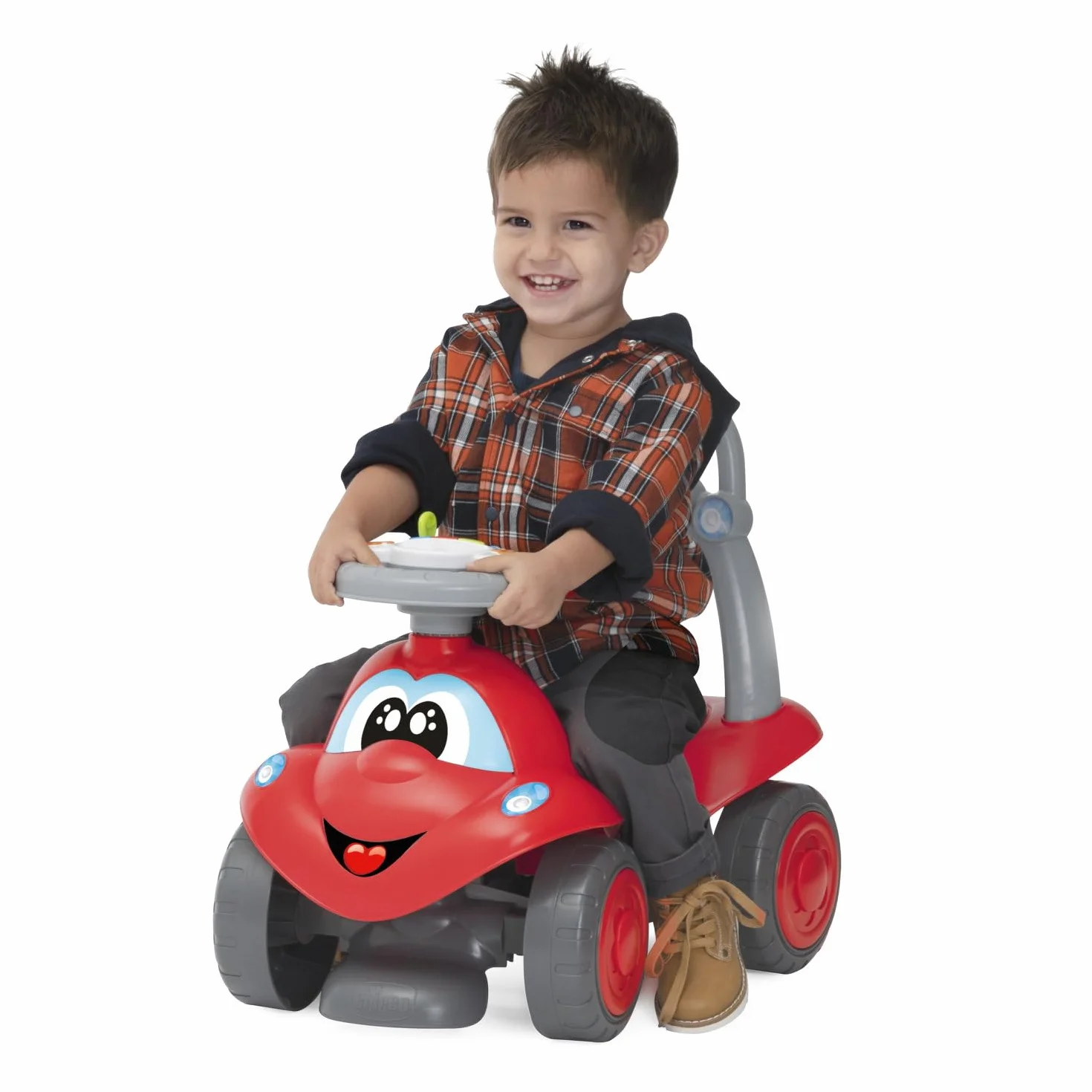 Chicco Billy Quattro, Gioco 4in1 Evolutivo,Cavalcabile,Primipassi,Dondolo,Spingi&Vai,Volante Elettronico con Luci e Suoni, Made in Italy,Plastica Riciclata 80%,Giochi Bambini 9-36 Mesi, Red, Rosso