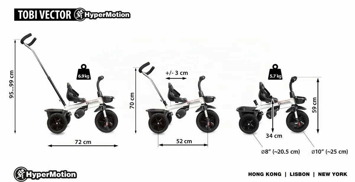 HyperMotion TOBI Vector Triciclo Passeggino con Maniglione per Genitori - Bicicletta Bambini Prima Età con Cinture Sicurezza e Ruote Larghe - Triciclo Bambini Stabile, Nero