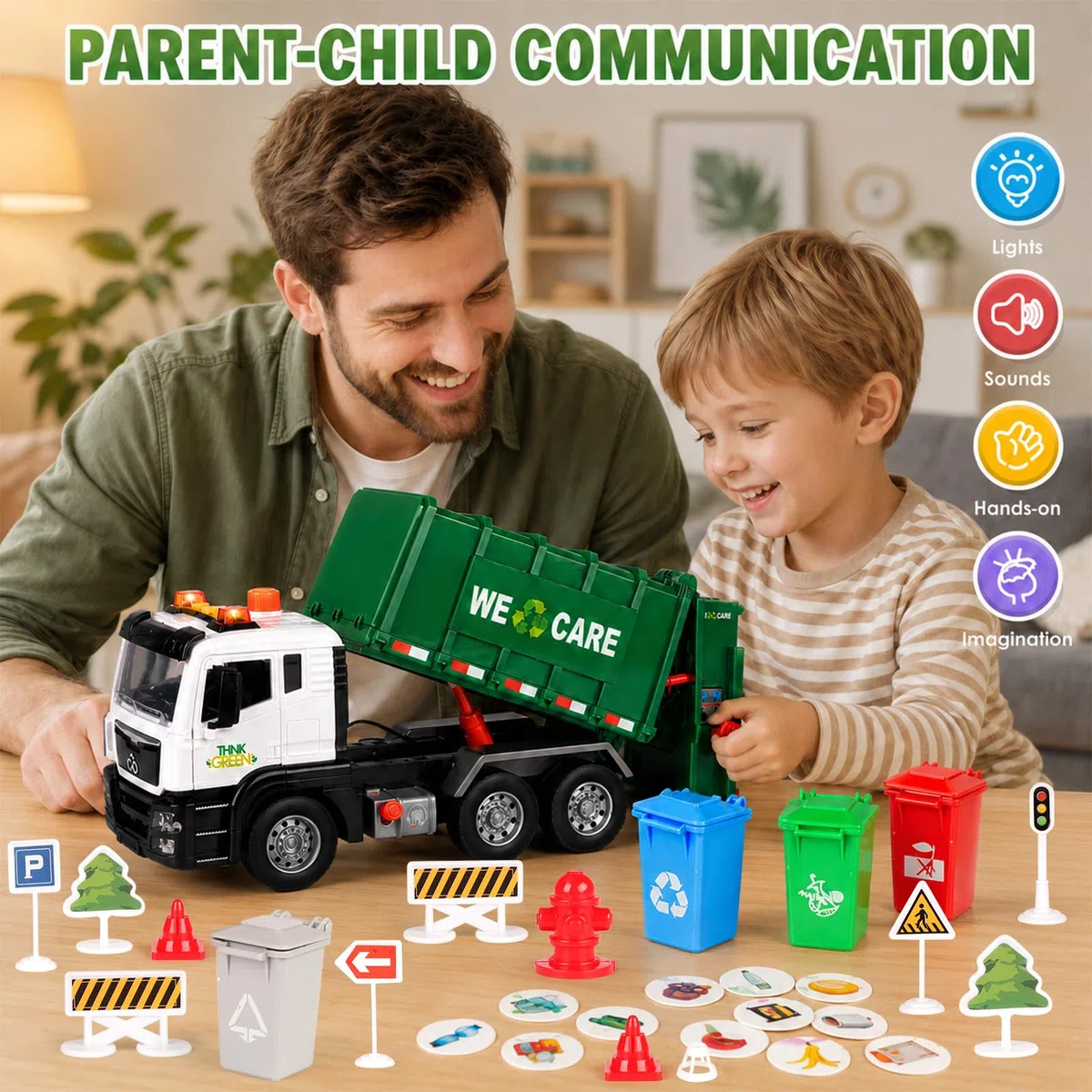 BunnyJOY Camion Spazzatura Giocattolo 3-6 Anni Luci e Suoni Veicolo Raccolta Rifiuti Regalo Verde