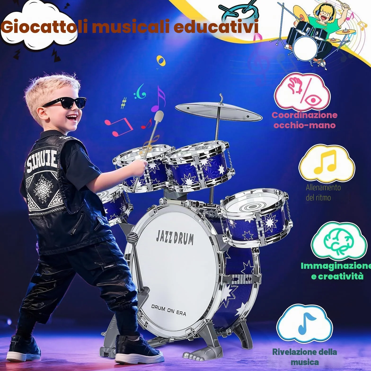Upgrade Giocattolo Batteria Bambini 2-4 Anni Kit Batteria Jazz per Bambini con Sgabello, Giocattolo Strumento Musicale per Ragazze Ragazzi di 3 4 5 Anni Regalo