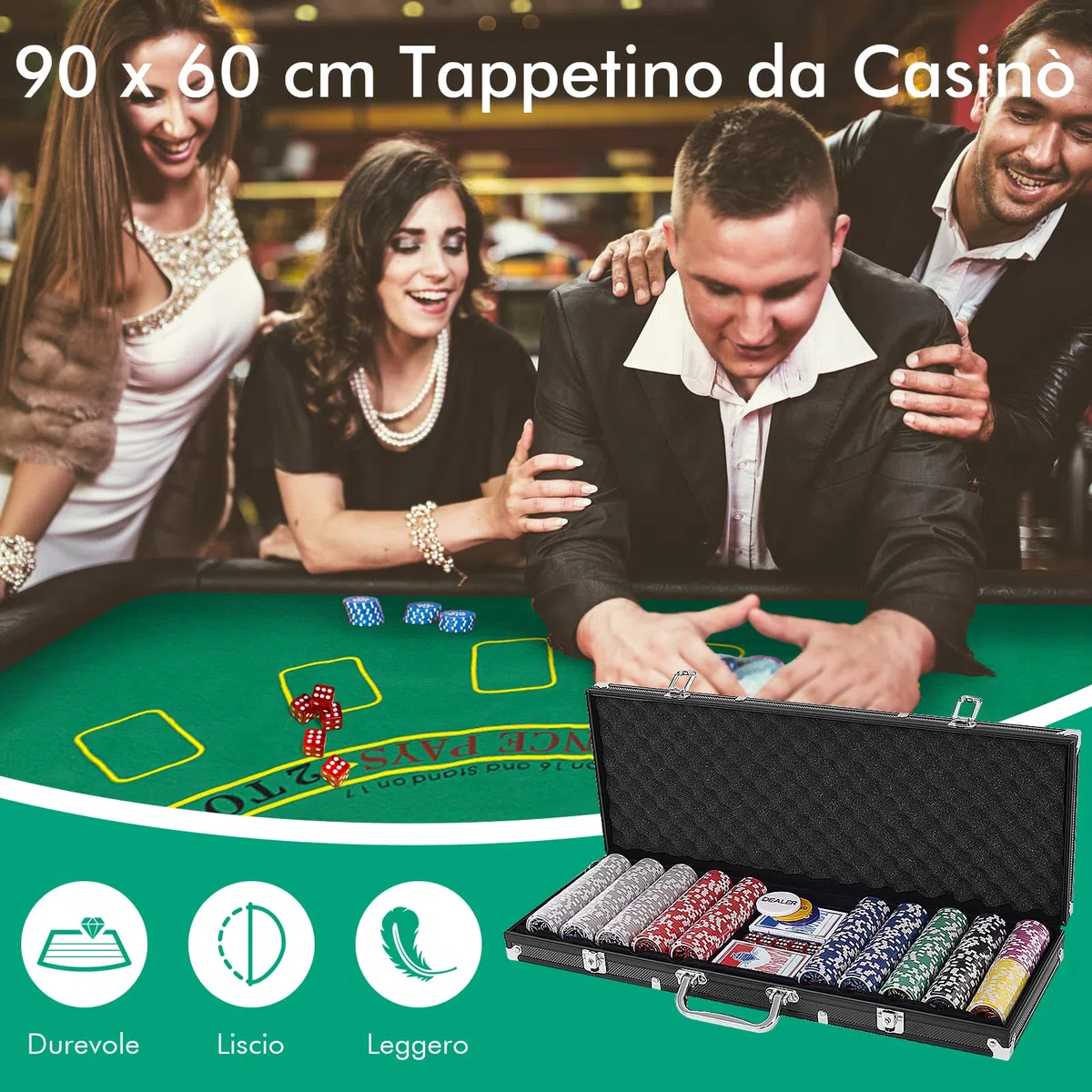 RELAX4LIFE Set Poker 500 Pezzi Custodia Alluminio Rigido Carte Dadi Tessuto Gioco Pulsante Dealer Argento