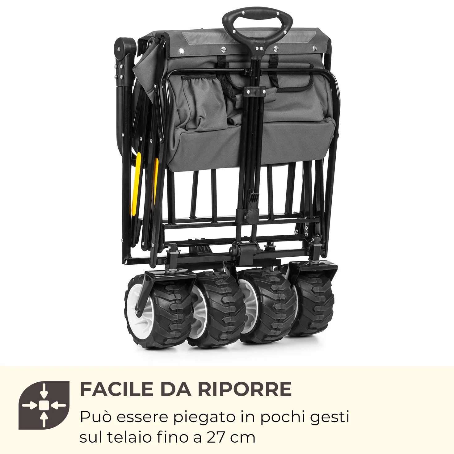 Waldbeck Easy Rider - Carretto, Carretto a Mano, Portata Fino a 70 kg, Copertura in Poliestere 600D, 2 Cinture di Sicurezza per Bambini, Pieghevole, Braccio Telescopico, Grigio