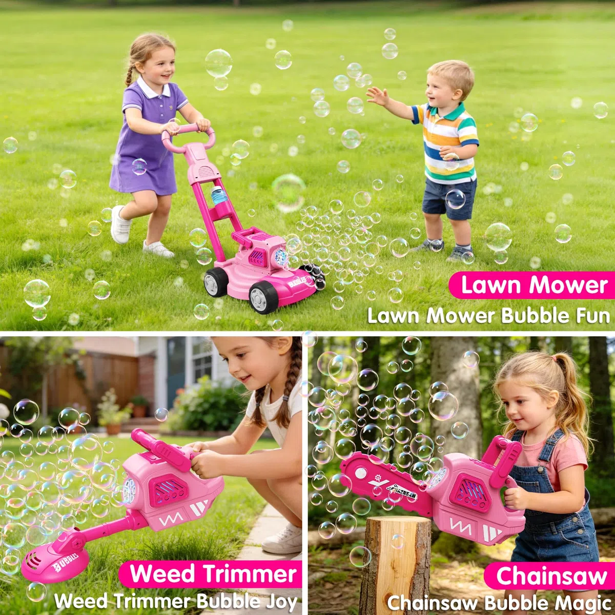 Tosaerba Spara Bolle per Bambini, Macchina per Bolle 3-in-1 con 10 Soluzioni, Giochi all'Aperto per Bambini 3-8 Anni, Regalo di Compleanno Pasqua Estate per Ragazzi e Ragazze 3 4 5 6 7 8 Anni