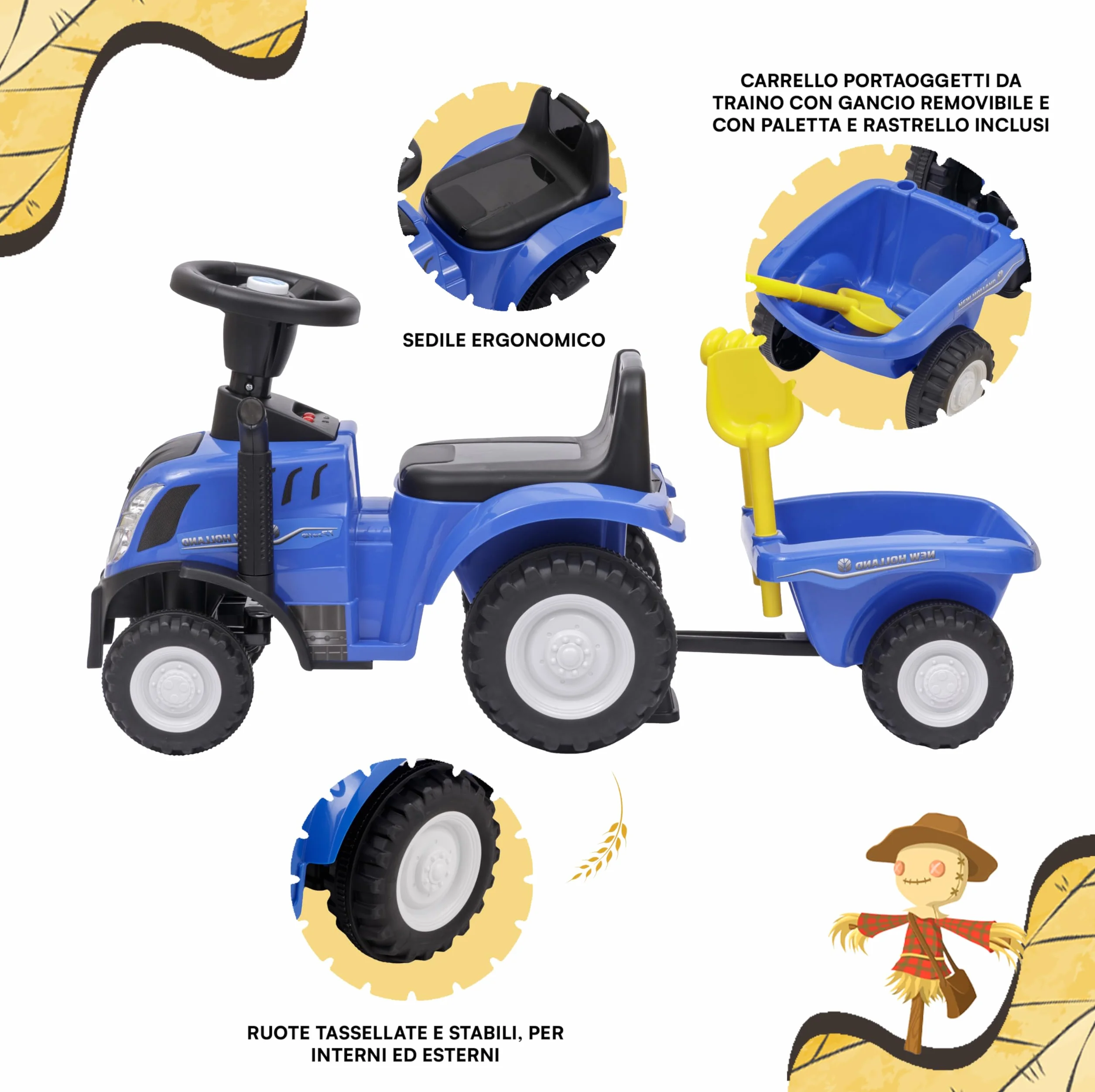 Baroni Toys Trattore Ride-On con Rimorchio per Bambini dai 12 a 36 mesi, Trattore con Clacson ad Aria, Volante Sterzante, Suoni e Fari Funzionanti, Paletta e Rastrello Inclusi, 29x91x44 cm, Blu