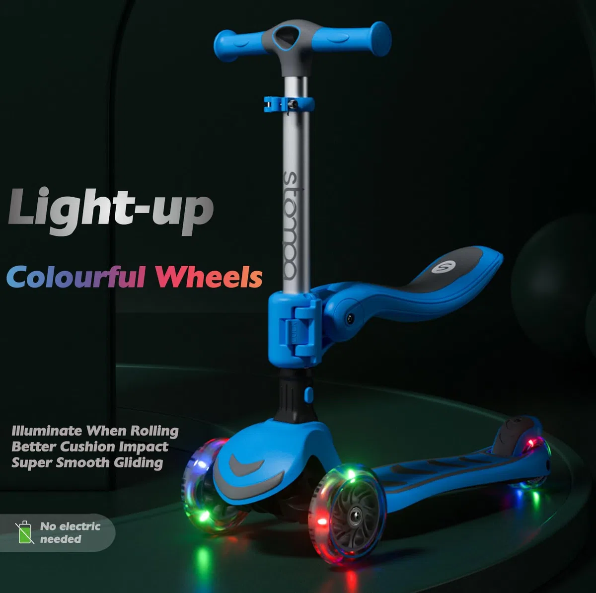 Stompa Monopattino per bambini a partire dai 3 anni in su, pieghevole, 3 ruote, luce flash a LED, 4 regolabili in altezza, scooter per bambini con sedile, scooter per 3-8