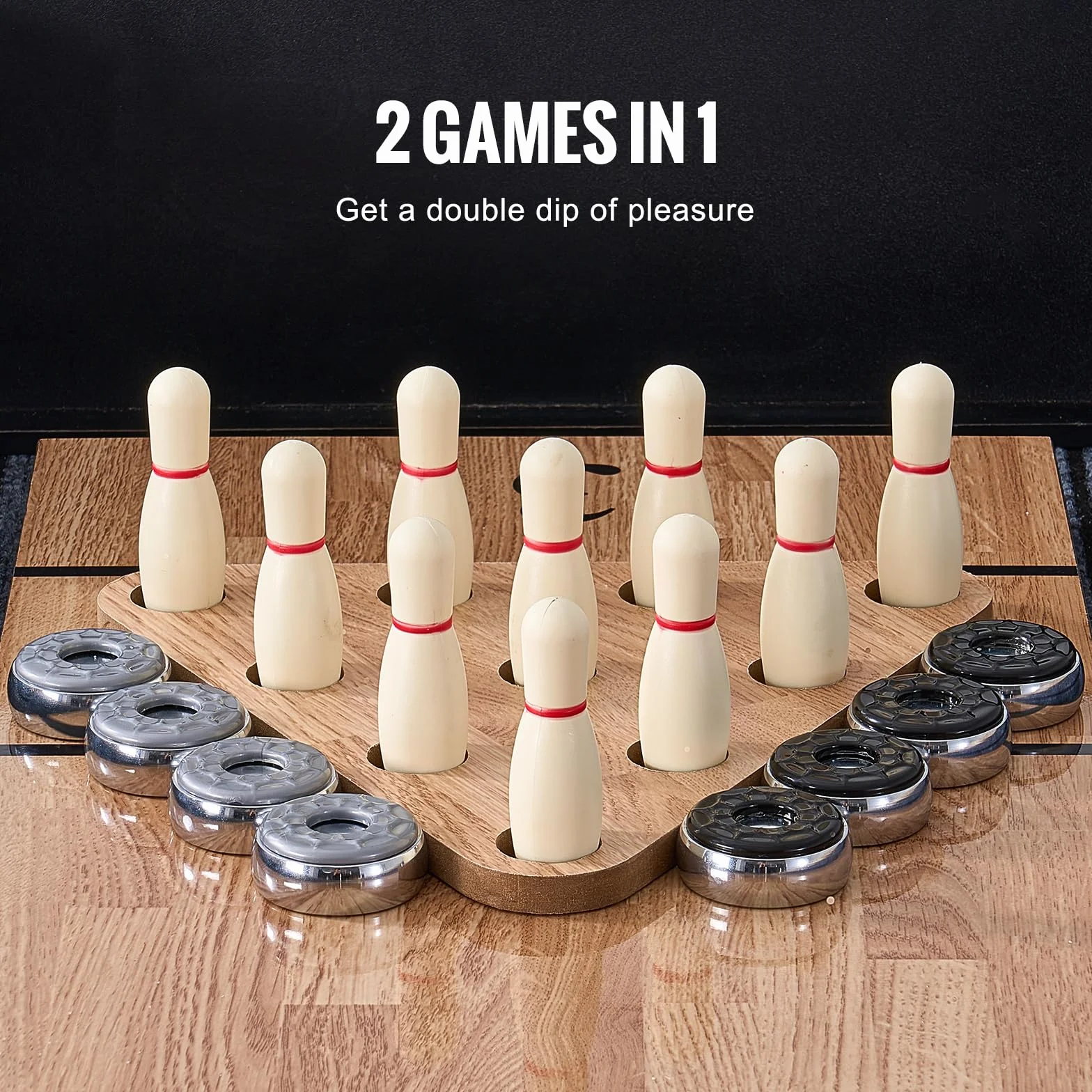 VEVOR Tavolo da Shuffleboard 274 cm per Giochi da Tavolo Giochi a Gruppo, Set Gioco di Shuffleboard Bowling 2 in 1, con Campo da Gioco Antigraffio, Gambe, 8 Dischi, Set da Bowling da Tavolo, Feste