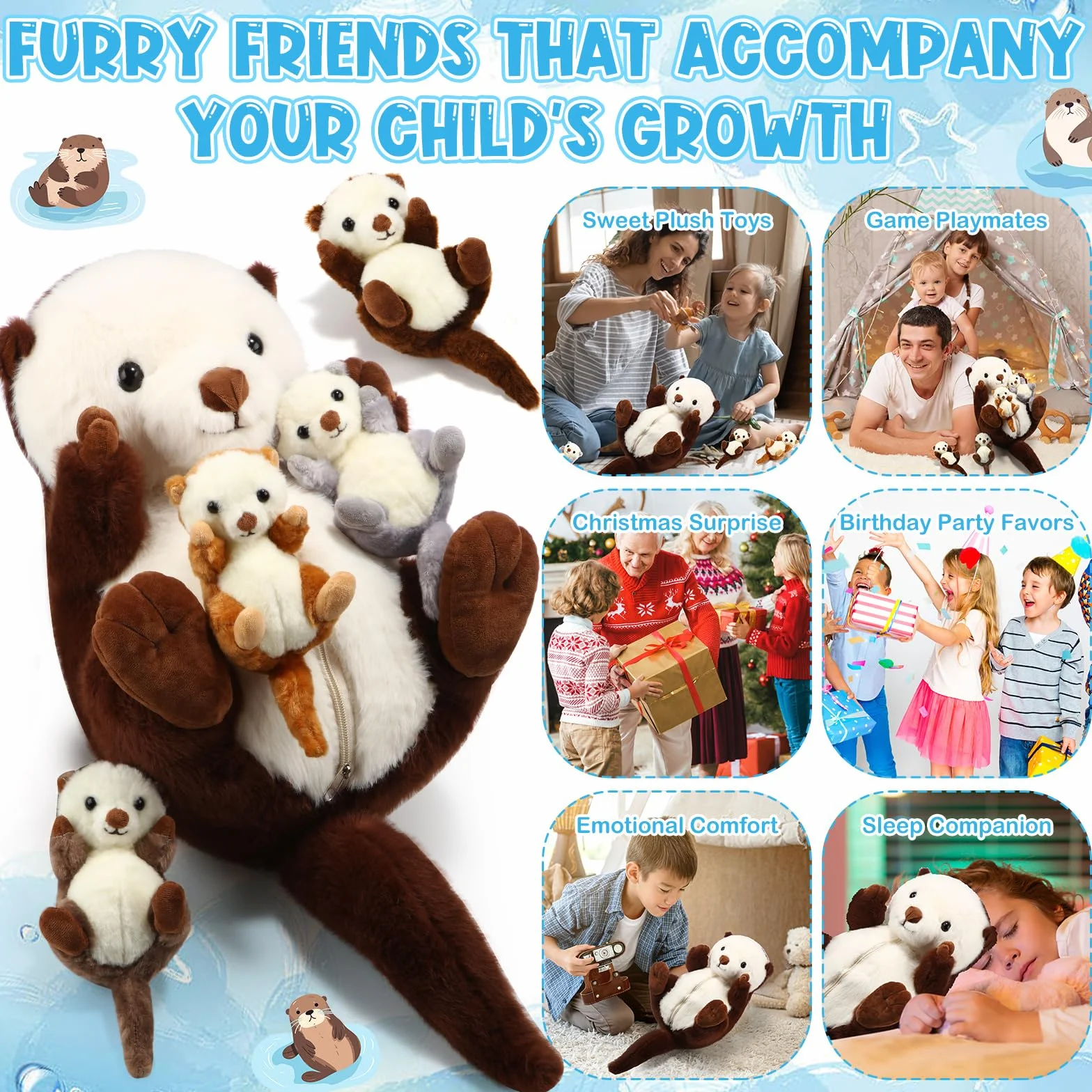 5 Pezzi Set di Animali di Peluche Mamma Lontra Marina con 4 Teneri Cuccioli nella Pancia Peluche 16,5 Pollici Lontra Marina Morbido e Coccoloso con Cerniera per Bambino Compleanno Natale