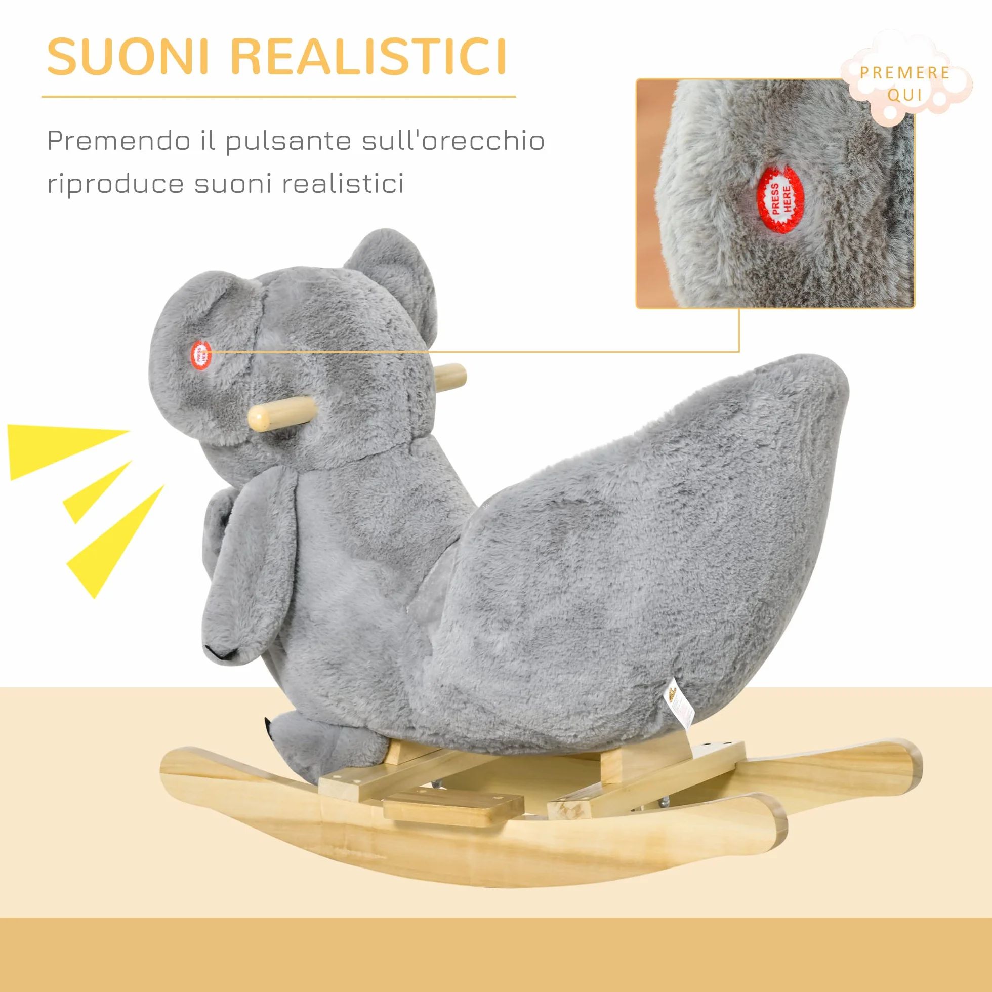 HOMCOM Cavallo a Dondolo Koala in Peluche Imbottita con Suoni, Cintura di sicurezza e Base in Legno, 60x33x50cm, Grigio