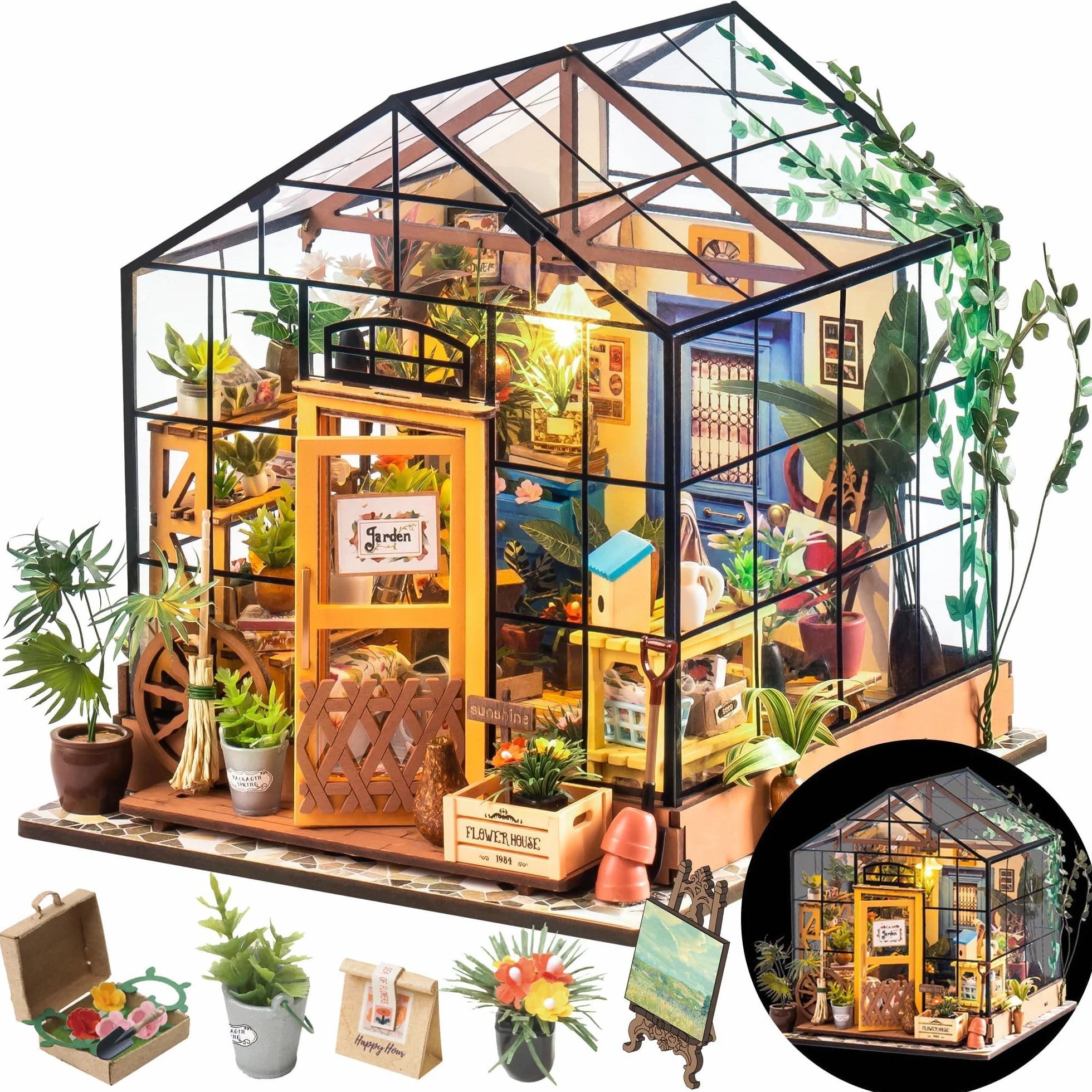 ROWOOD Casa Delle Bambole Serra, Stanza in Miniatura Fai Da Te con Luce Led, Kit di Costruzione di Modelli In Legno per Adulti, Casa Dei Fiori di Cathy