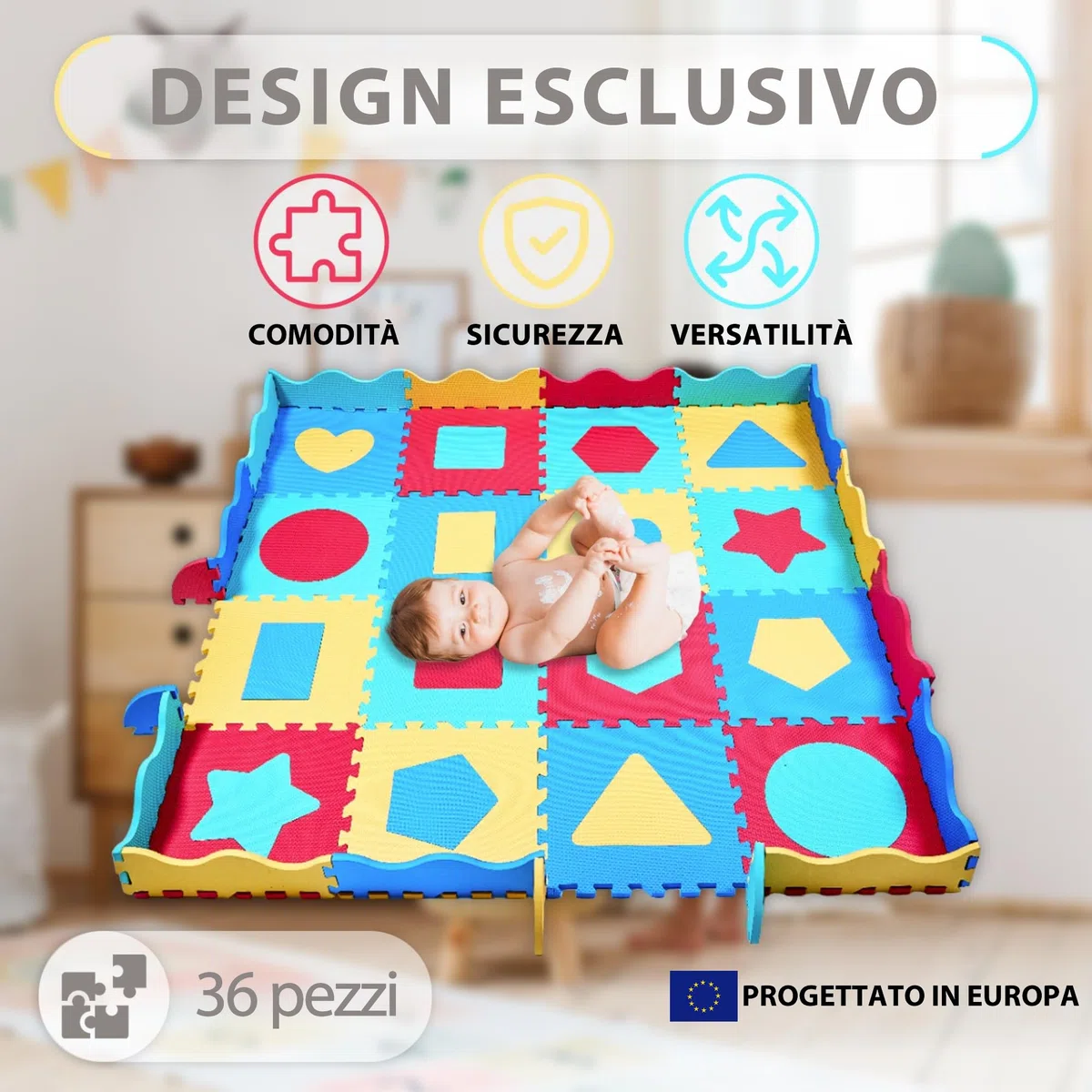 Tappeto Puzzle Bambini Schiuma EVA 140x140 cm con 36 Pezzi Antiscivolo