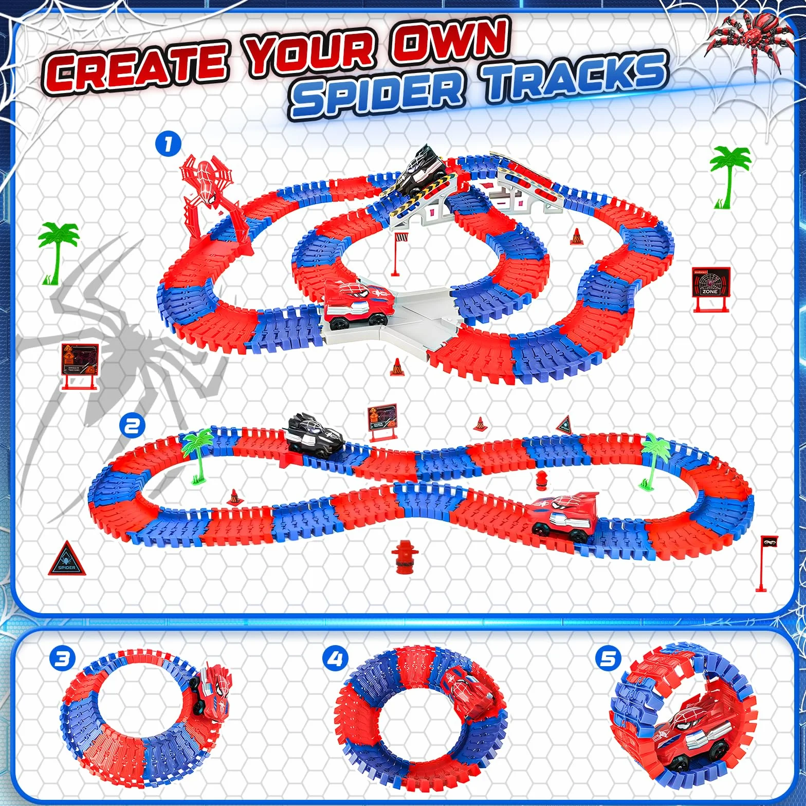 Kssvzz Spider Pista Macchinine 2 3 4 5 6 Anni Bambino, Flessibile Giocattolo Pista Auto Elettriche, Regalo Compleanno Natale Giochi per Bambini 2-8 Anni (212 Pezzi)