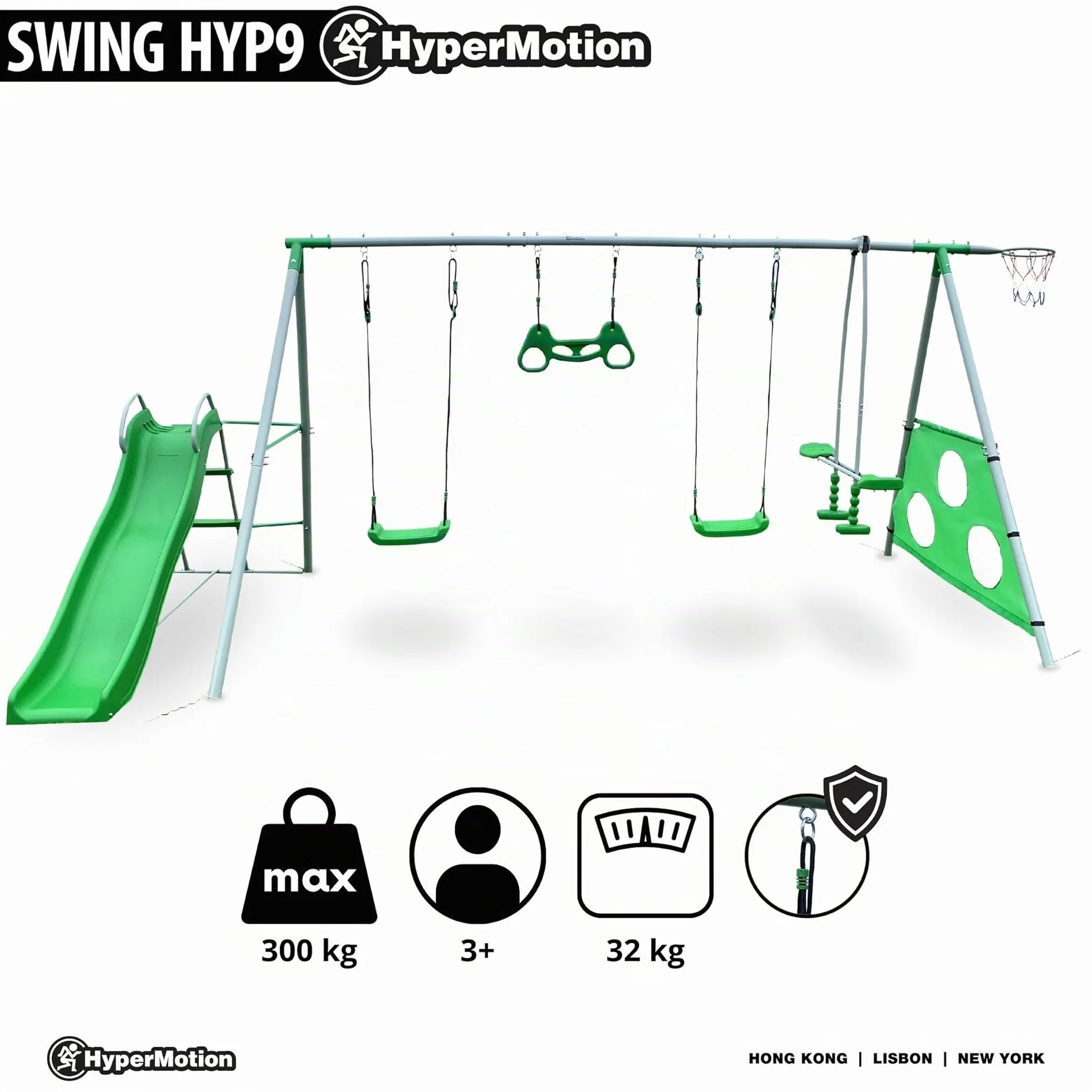 HyperMotion Swing HYP9 Parco giochi XXXL - Altalene Doppia e Singola, Scivolo, Trapezio, Cestino Basket, Scot Calcio - per 6 Bambini 3+ anni, 300 kg Max - Verde