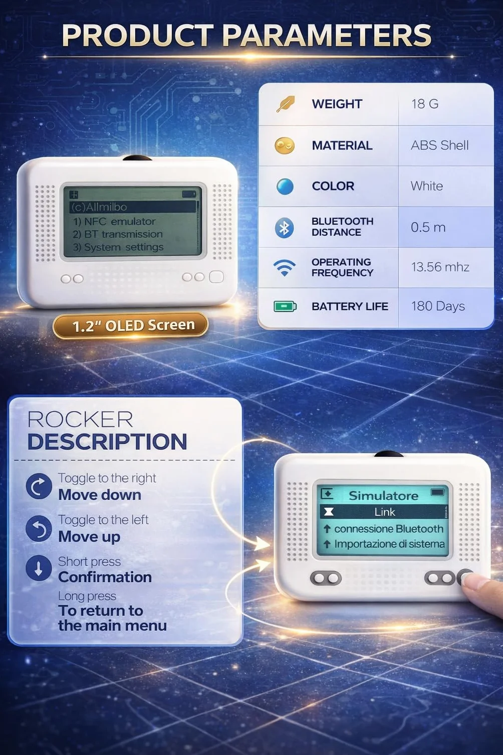 Allmiibo - Emulatore NFC intelligente per Nintendo Switch e 3DS con schermo OLED da 1,2 pollici, memoria NFC 3000, supporto per oltre 50 giochi, ricaricabile