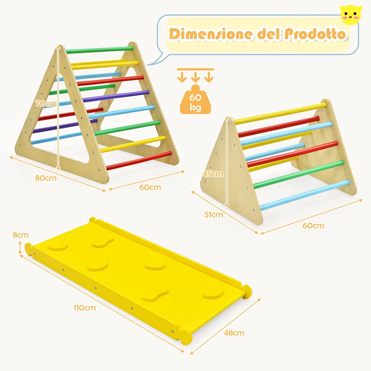 GYMAX Triangolo da Arrampicata per Bambini con Scivolo, Legno, Giocattolo a Scala, Esterno, Montessori, Colorato