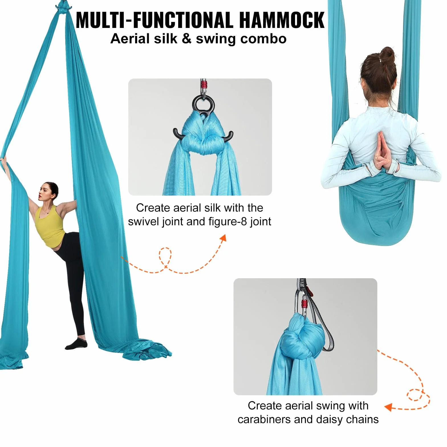 VEVOR Altalena per Yoga e Seta Aerea, 11 Metri, Kit Amaca per Yoga Aerea con Tessuto in Nylon da 100 g/m², Hardware Completo per L'attrezzatura e Guida di Installazione Facile, Blu