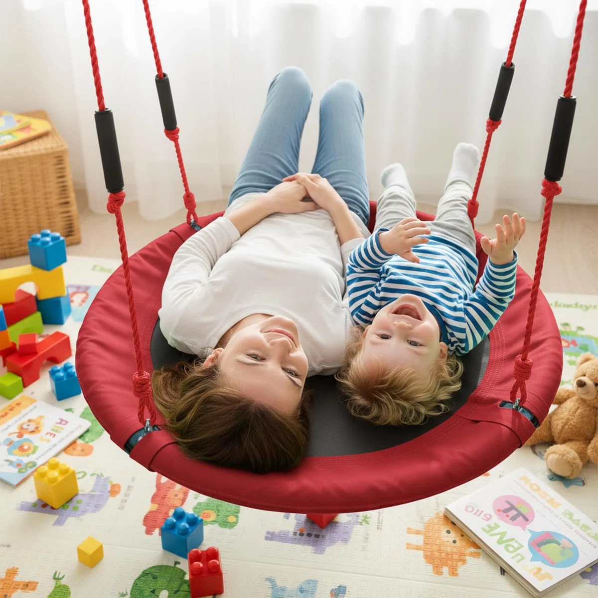 Relaxdays Altalena a Nido Ø 80 cm per Bambini, Regolabile, con impugnature in Schiuma, Esterno, Fino a 100 kg, Rossa