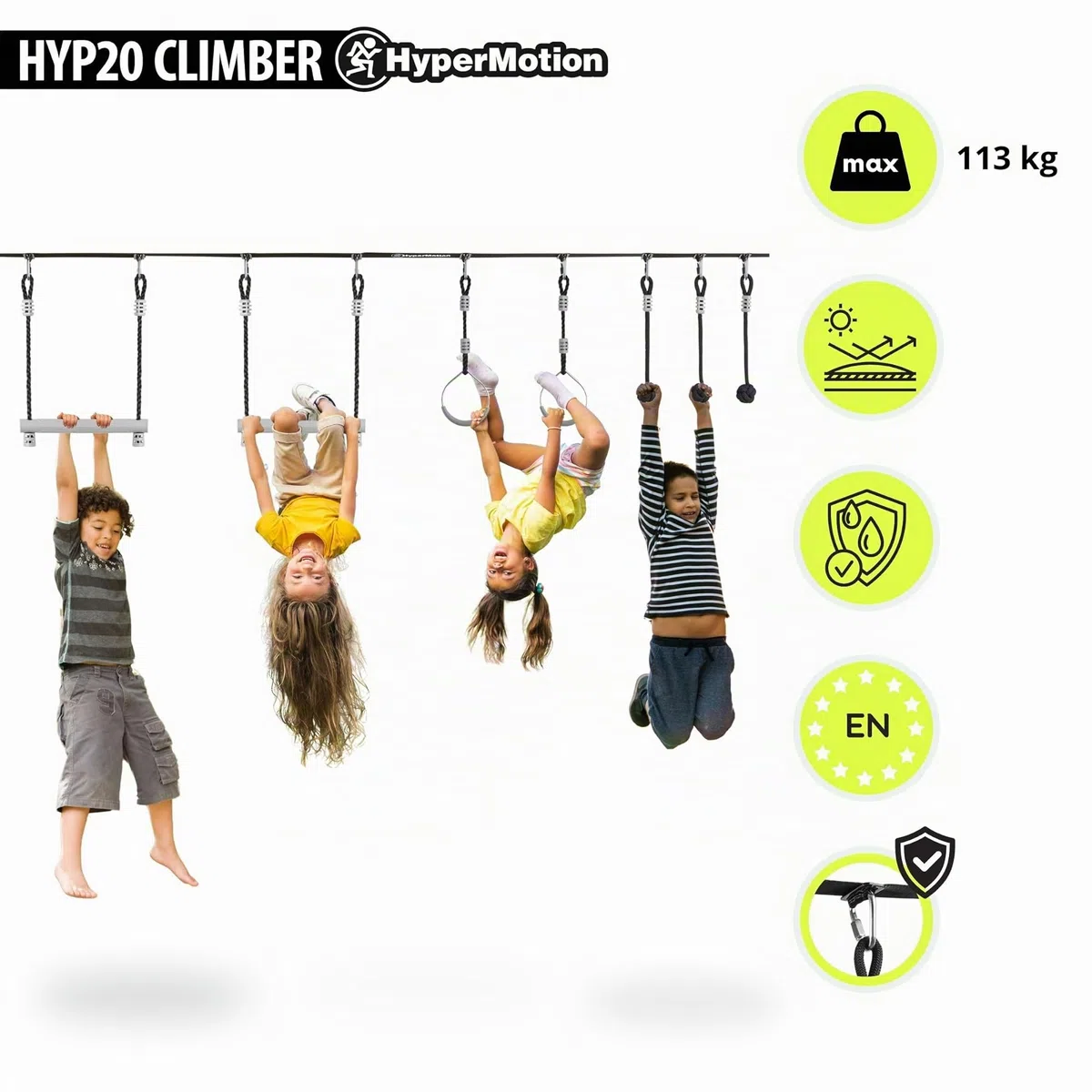 HyperMotion Percorso Ostacoli Bambini Ninja 7 Elementi Set Slackline 15m Aste Ruote Pugni di Scimmia Kit Allenamento Giardino Arrampicata Equilibrio Portata 113 kg