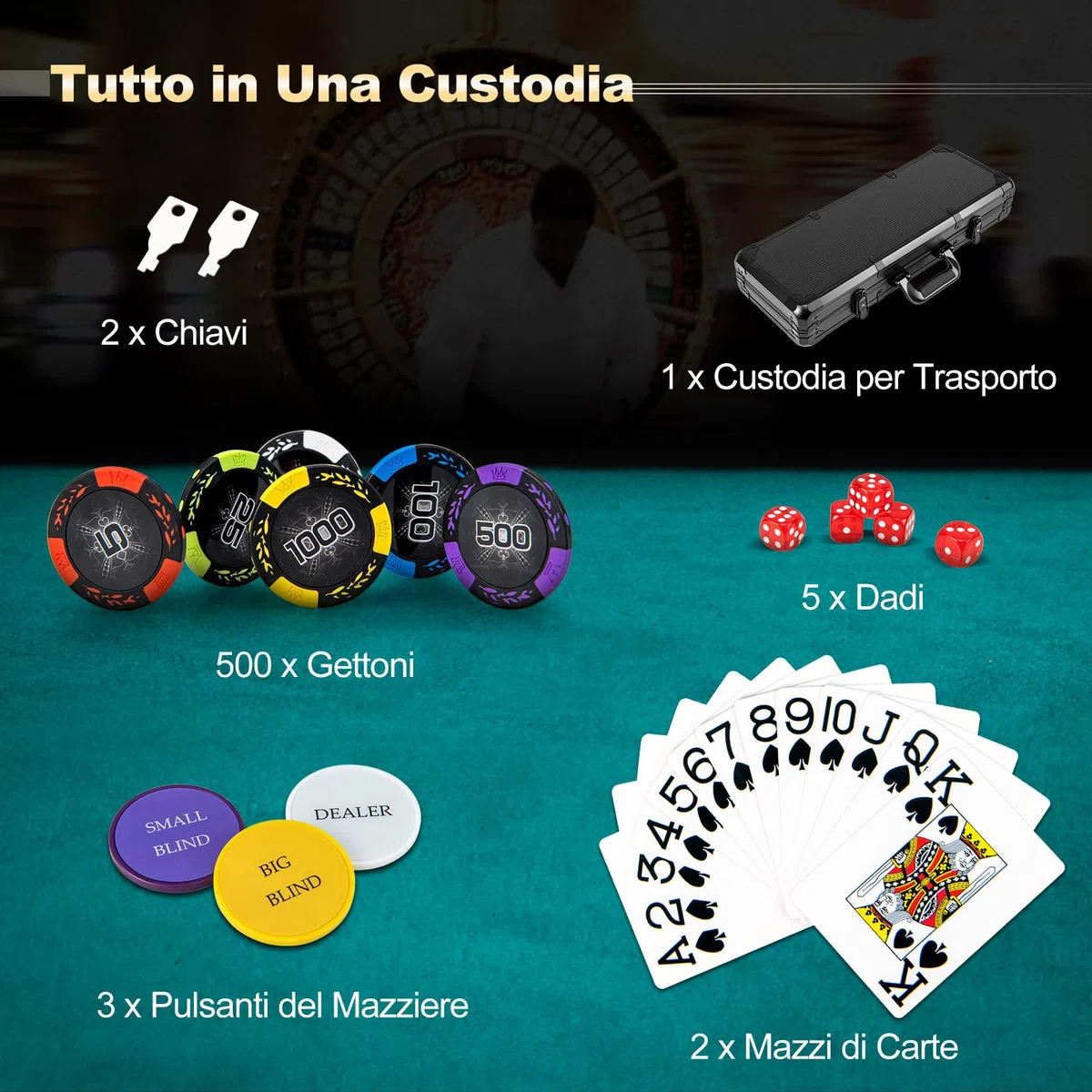 COSTWAY Poker Chips, Set di Fiches da Poker con 500/300 Chips e Custodia in Alluminio, Mazzo di Carte 5 Dadi, Set di Fiches per Party Viaggi e Feste (500 chips)