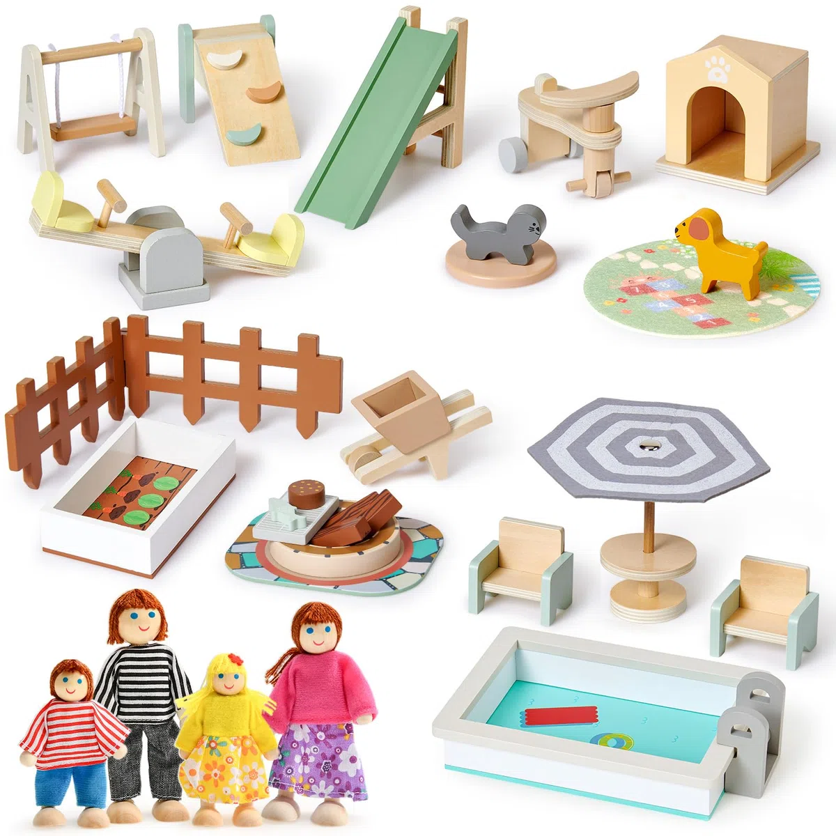 Atoylink 26 PCS Mobili in Legno per Casa delle Bambole con 4 Bambole, Accessori, Regalo di Compleanno per Bambini 3-6 Anni