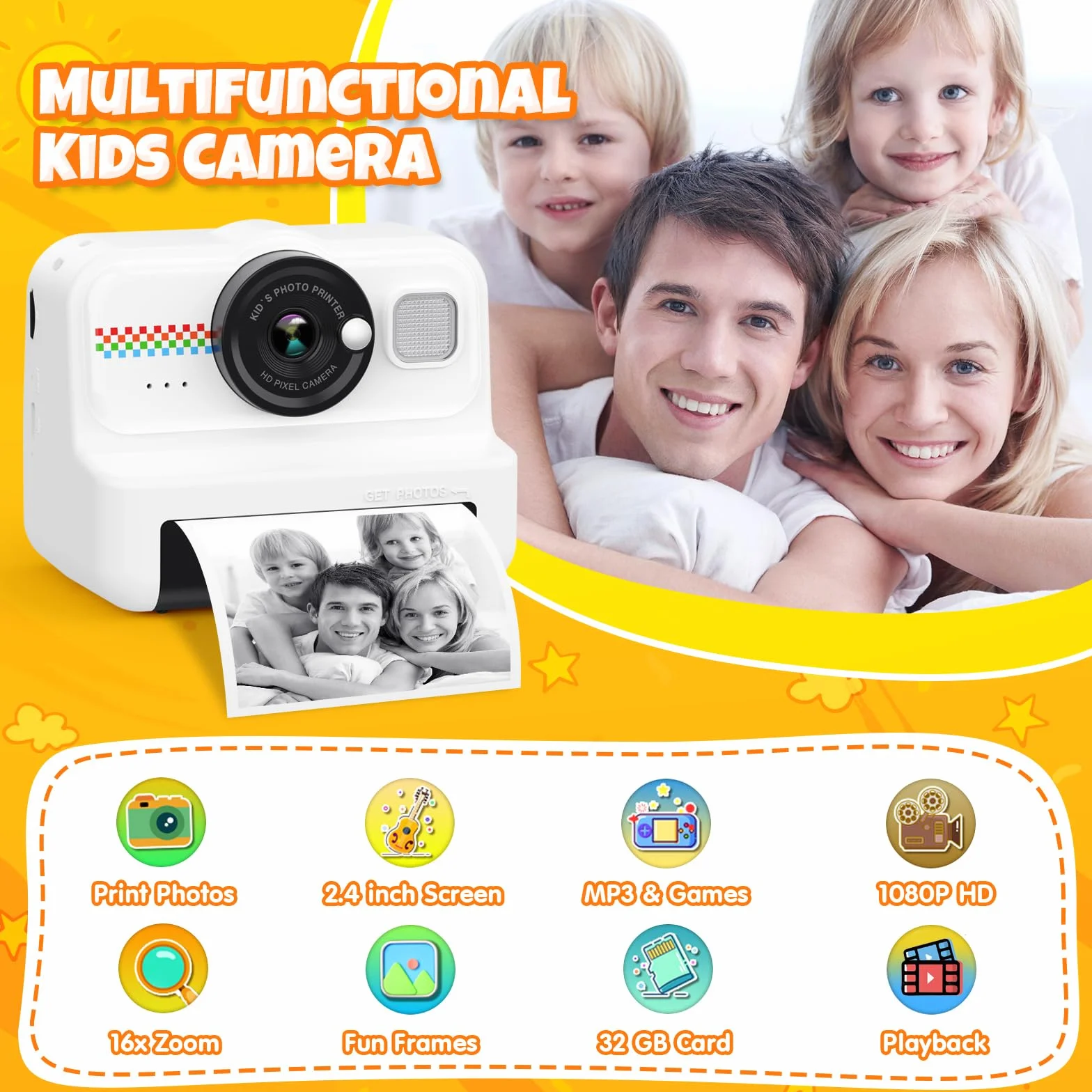 HiMont Fotocamera Istantanea Bambini HD 1080P con Scheda 32GB e 3 Rotoli Carta Stampa Regalo 3-14 Anni