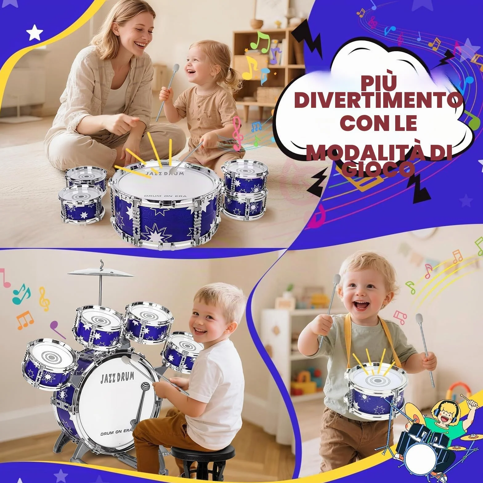 Upgrade Giocattolo Batteria Bambini 2-4 Anni Kit Batteria Jazz per Bambini con Sgabello, Giocattolo Strumento Musicale per Ragazze Ragazzi di 3 4 5 Anni Regalo