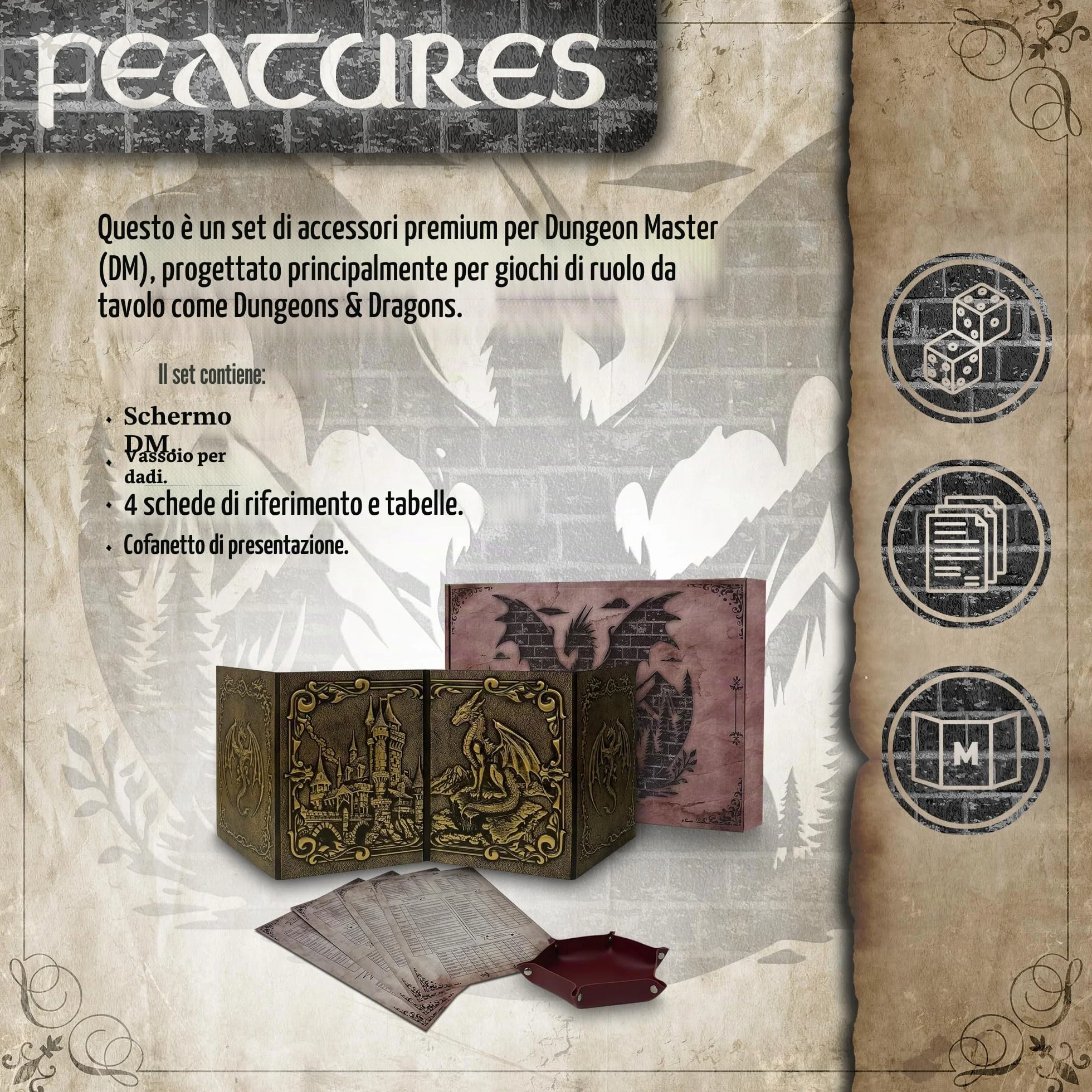 Schermo Dungeon Master con Vassoio per Dadi DOJA Hobbies, DM Screen DnD Pieghevole 4 Pannelli in Pelle Sintetica Dorata con Tasche Personalizzabili, Accessori Dungeons & Dragons Gioco di Ruolo
